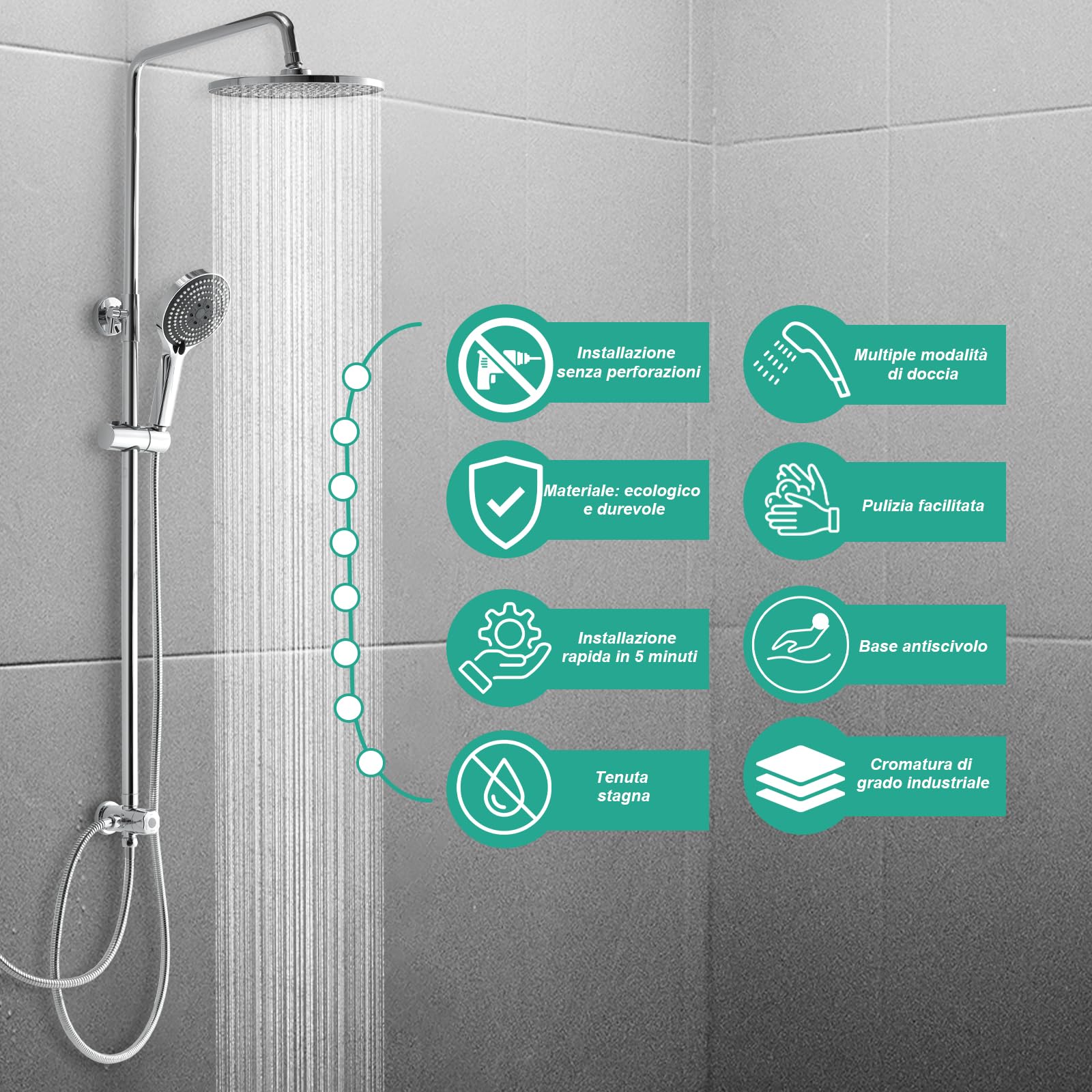 OFFO Colonna Doccia Senza Miscelatore, Asta Doccia Saliscendi con Soffione Rotonda 25x25cm e Doccetta 3 Getti, Asta Doccia Regolabile in Altezza 86-120cm, Tubo Acciaio Inox Antitorsione 1.6m, Cromo