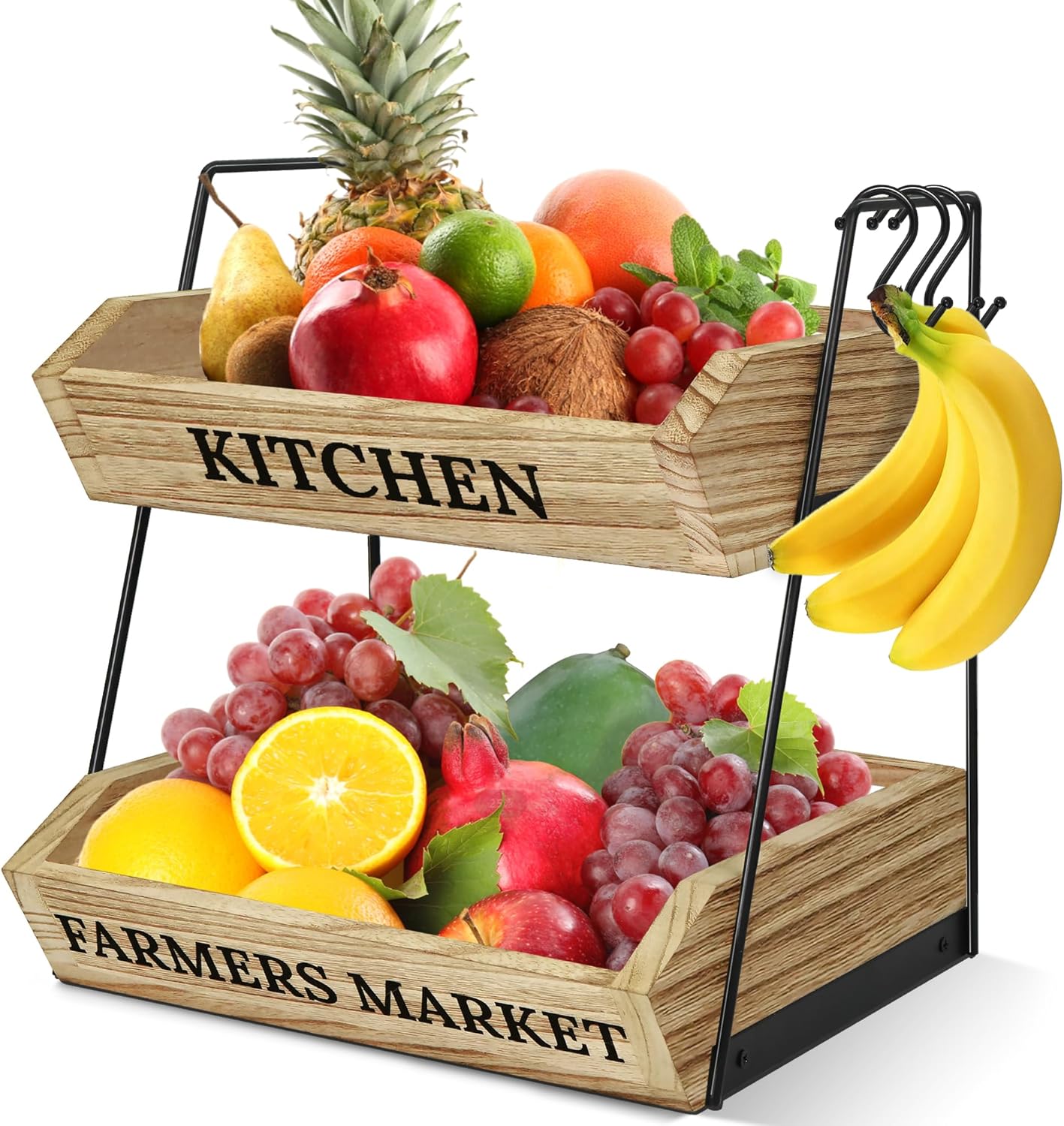 Fruit Basket for Kitchen Countertop — 2 Tier Fruit Bowl with 3 Banana Hangers — Large Capacity Fruit Stand Storage Holder — Wooden Basket for Fruit Vegetables Snack, Kitchen Organizer Decor