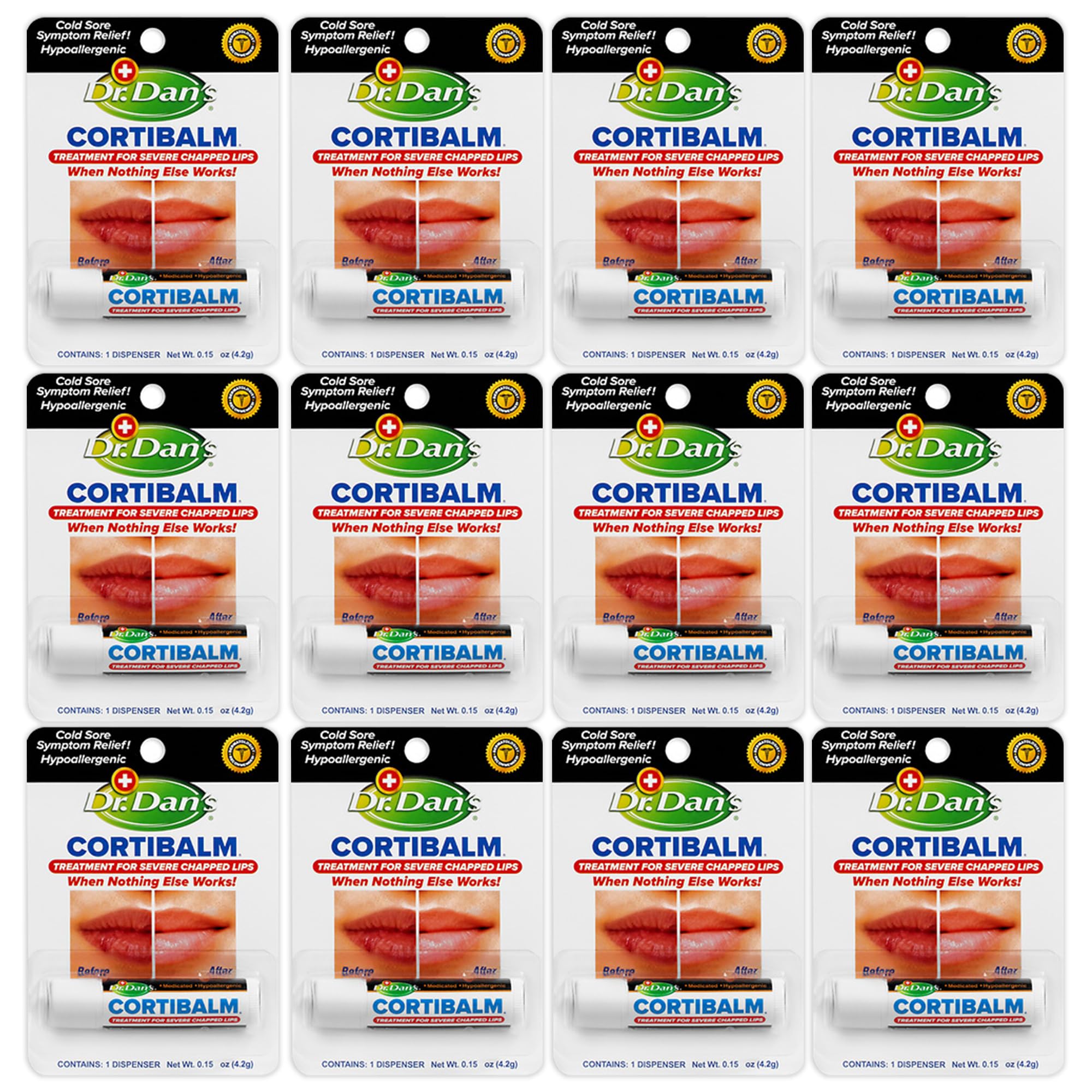 Dr. Dan's Cortibalm- 12 Pack - for Dry Cracked Lips - Healing Lip Balm for Severely Chapped Lips - Designed for Men, Women and Children