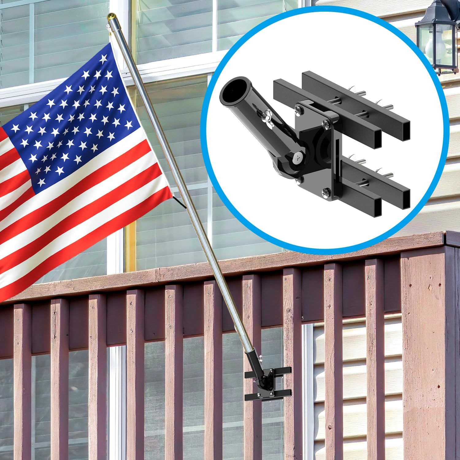 Heavy Duty Flagpole Mount Bracket for Balcony Railing,Flag Pole Mount Adjustable for Porch & Fence Rail,Flagpole Mount for both round and square railing,Strong and Rust Free,for 1 inch flagpole（black）
