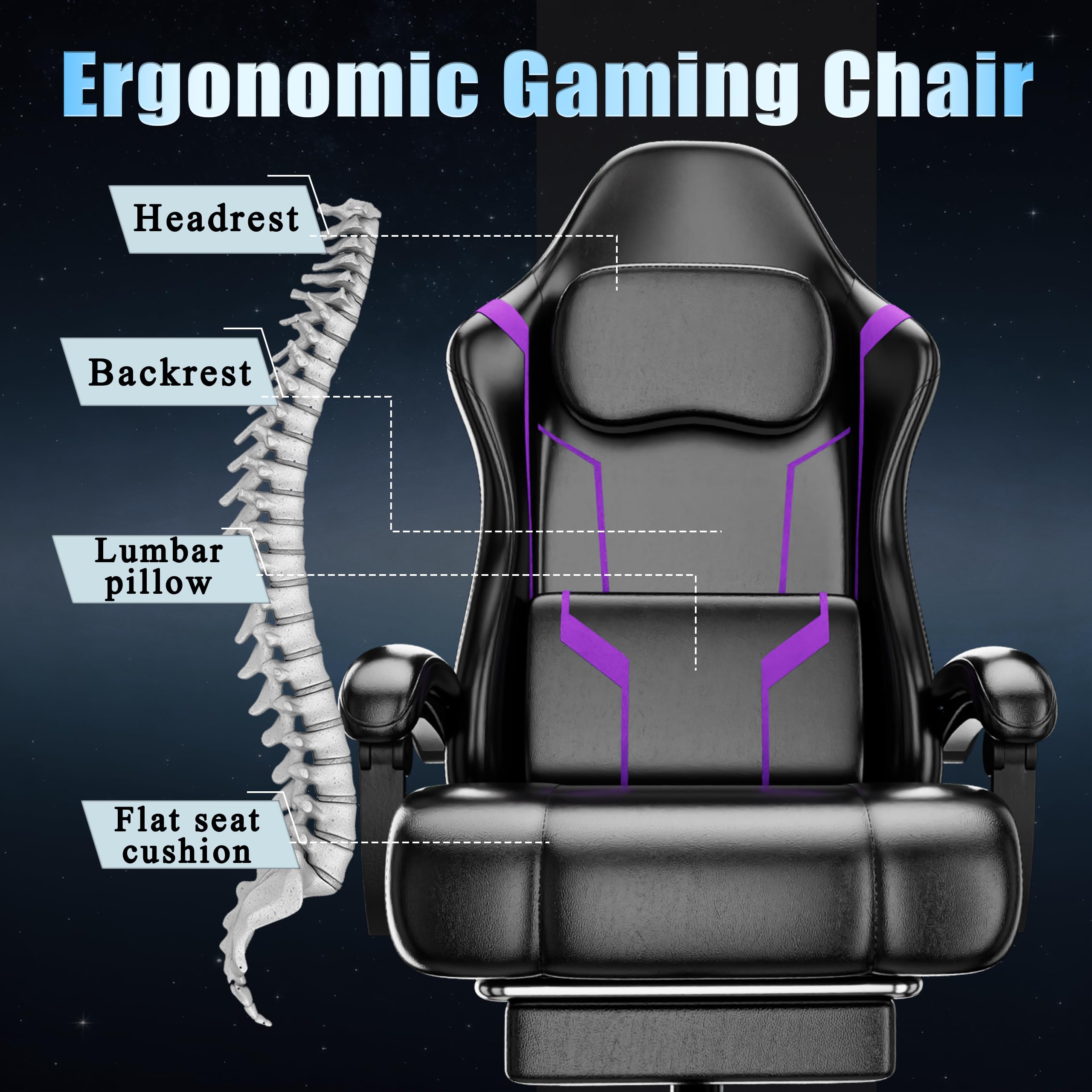 Sedia Gaming Ergonomica con Molle e Poggiapiedi in Pelle PU (Viola) | Poggiatesta regolabile, supporto lombare, seduta a molle