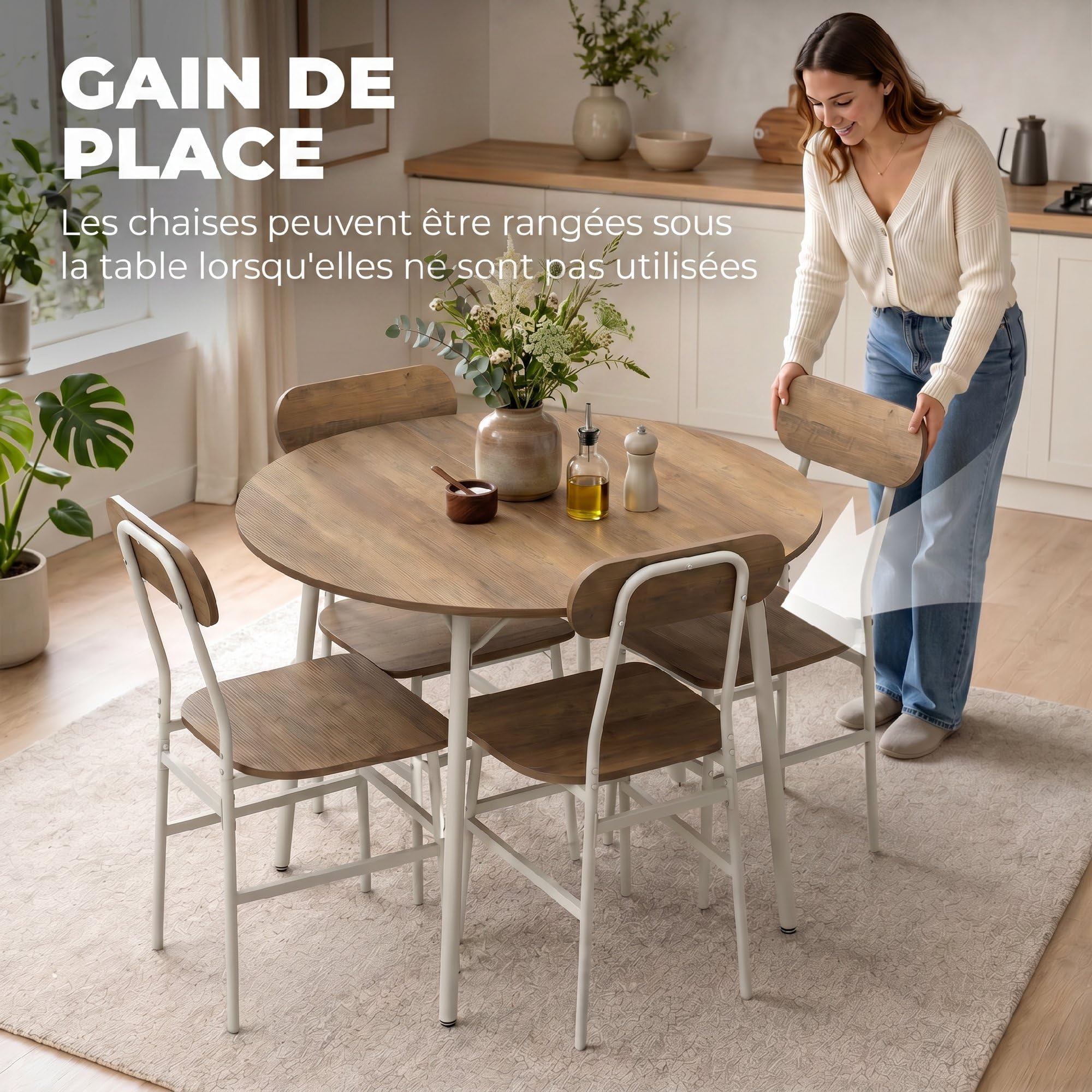 HOMCOM Table Salle à Manger avec 4 Chaises, Plateau Rond Ø 100 cm, Cadre Métal, Style Industriel