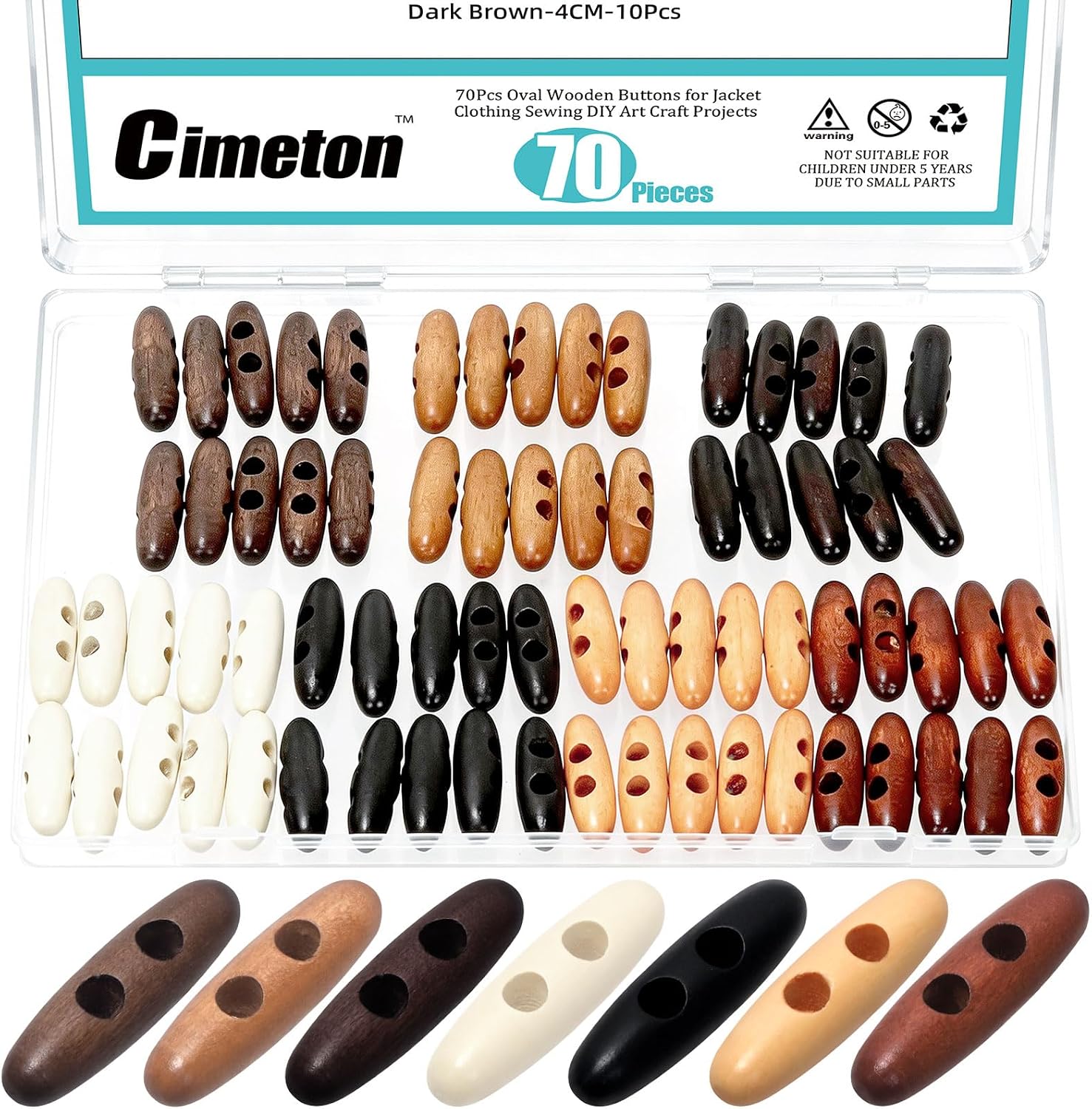 70PCS 3CM Wood Horn Toggle Buttons Oval Tooth 2 Holes Scrapbooking Wood Button Double Holes Olive Shape Sewing Wood Buttons for Jacket Clothing Sewing DIY Art Craft Projects