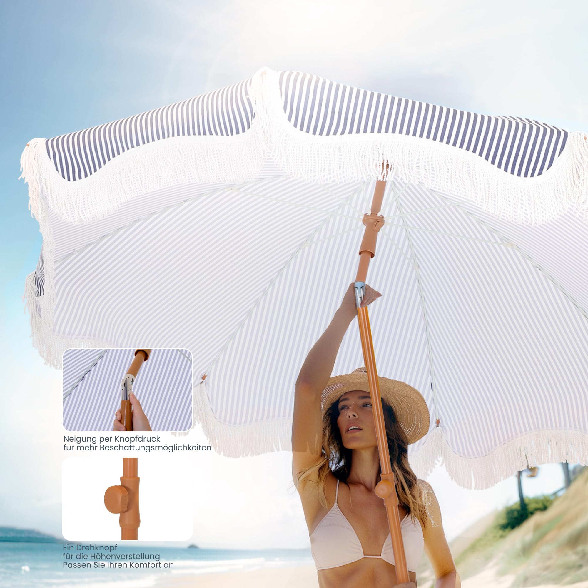 PHI VILLA Sombrilla de playa de 2 m con tornillo de arena UV 50+ para playa, jardín, terraza, piscina y terraza