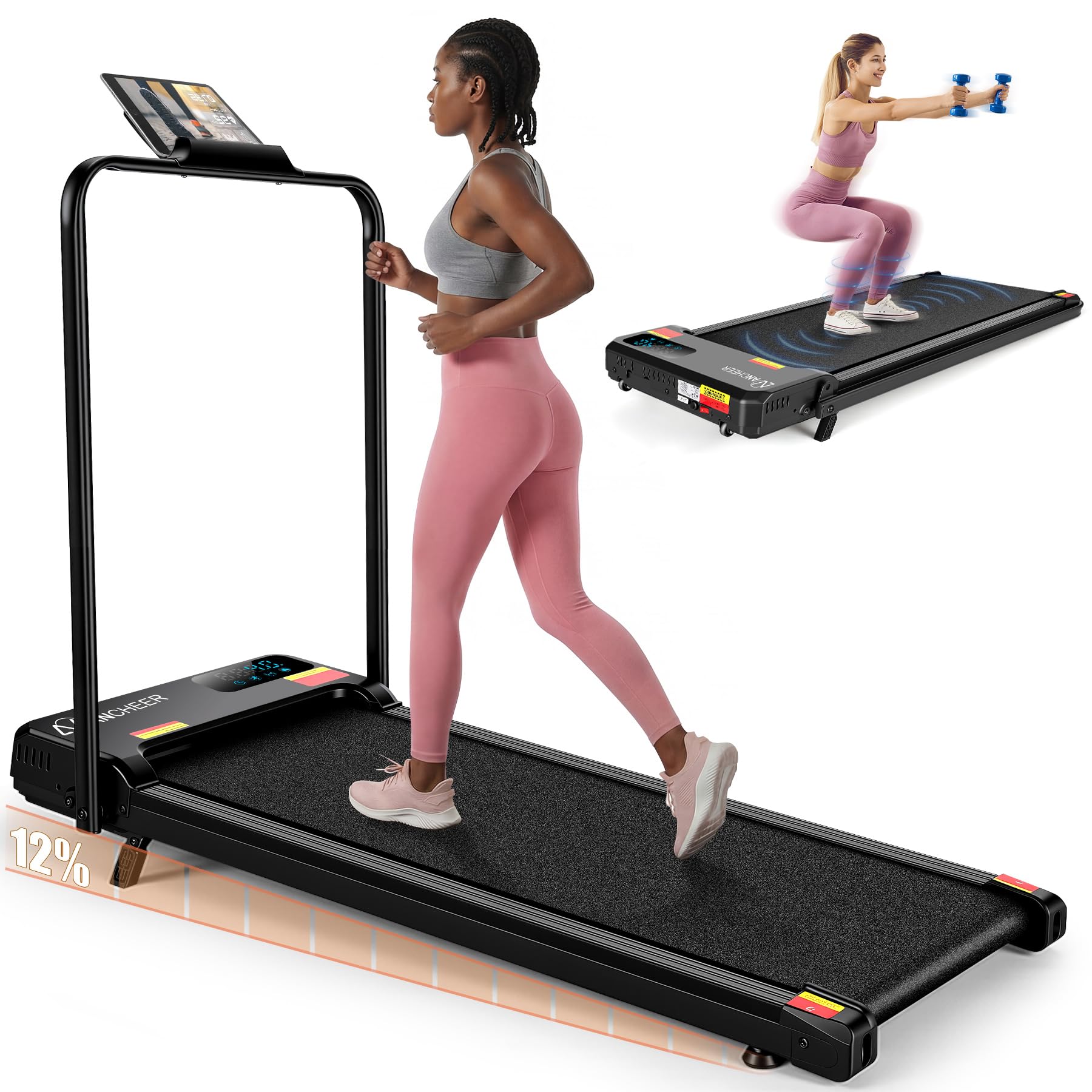 ANCHEER Treadmill with Handles, 3.0 HP Foldable Walking pad with 12% Incline, 320 lbs Capacity-Portable Under Desk Folding Treadmills for Home Small with Widened Belt/Remote Control (BLACK2)