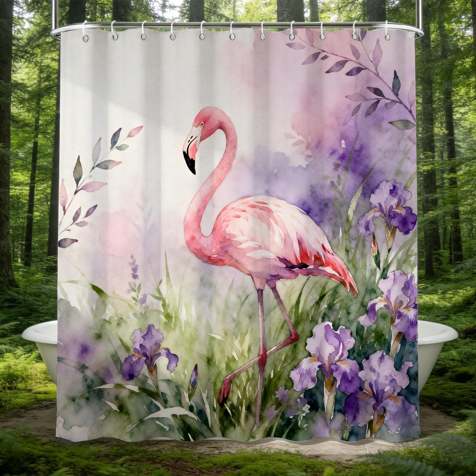 Hongduo White 3D Watercolor Flamingo Shower Curtain For Stalls Bathtubs Iris Bathroom Decor Shower Curtain Set Polyester Fabric Waterproof 180X180cm/71X71 Inch With Hooks