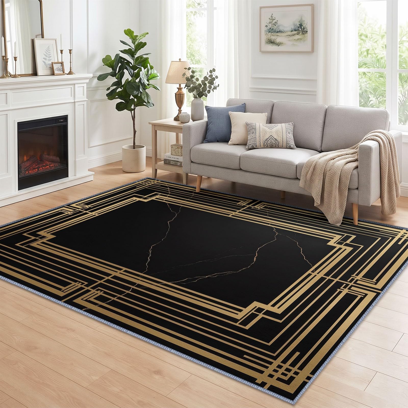 Luxe Moderne Grand Tapis Salon Antidérapant Lavable en Machine 180x240cm, Poil Ras Doux Bordure Marbre Noir Tapis pour Salle a Manger Bureau Cuisine Decoration Chambrel
