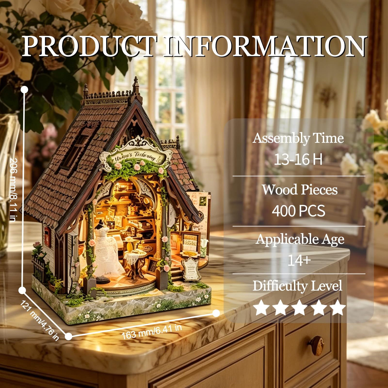 DIY Miniaturhaus Halboffenes 3D-Holzpuzzle mit LED-Lichtern, Bücherregal, Buchstütze, Dekor, Modellbau, Handwerk, Geschenk für Frauen und Miniatur-Sammler, Schneidergeschäft, kleines Haus