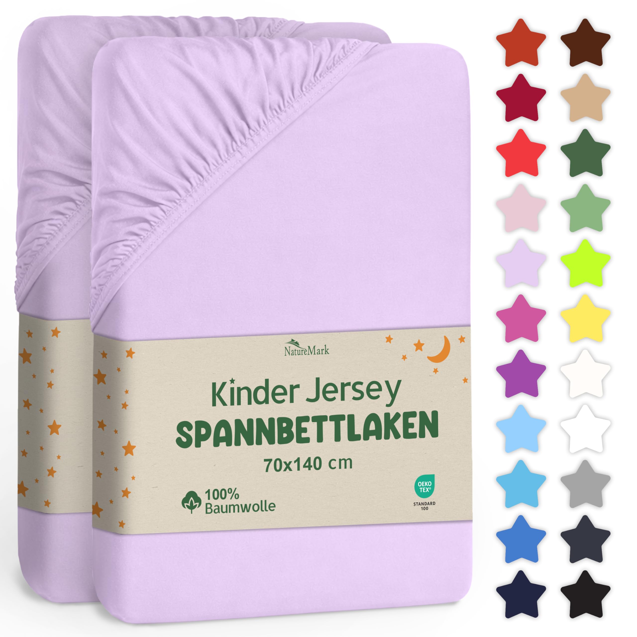 NatureMark Kinder Spannbettlaken 70x140 cm – Weiches Jersey, 100% Baumwolle, 2er Set für Babybett und Kinderbett, Flieder/Lavendel