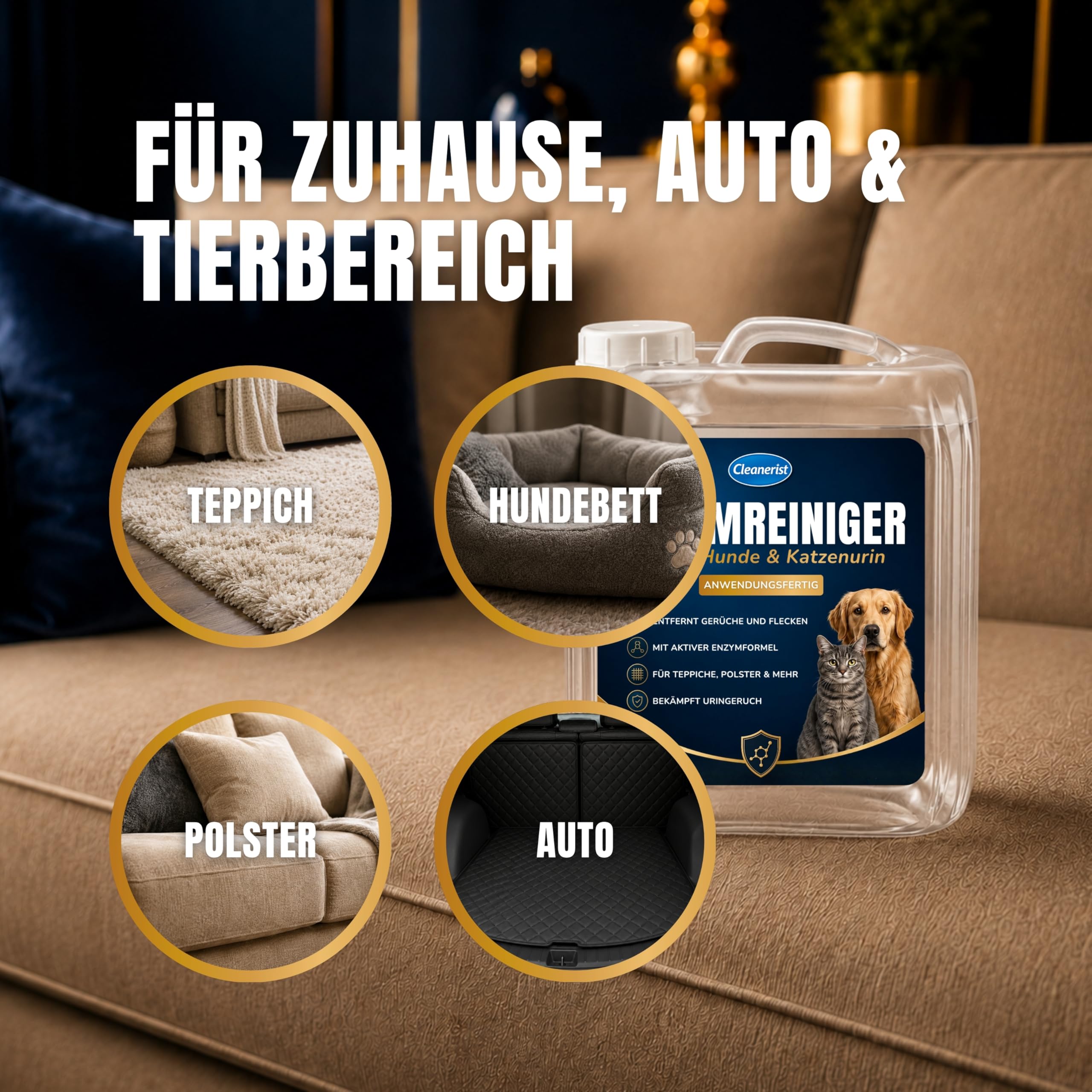 5L Enzymreiniger - Mikrobiologischer Geruchsentferner & Fleckenentferner, Katzenurin & Hundeurin Entferner, Geruchsneutralisierer für Polster & Teppich, Anwendungsfertig im Kanister
