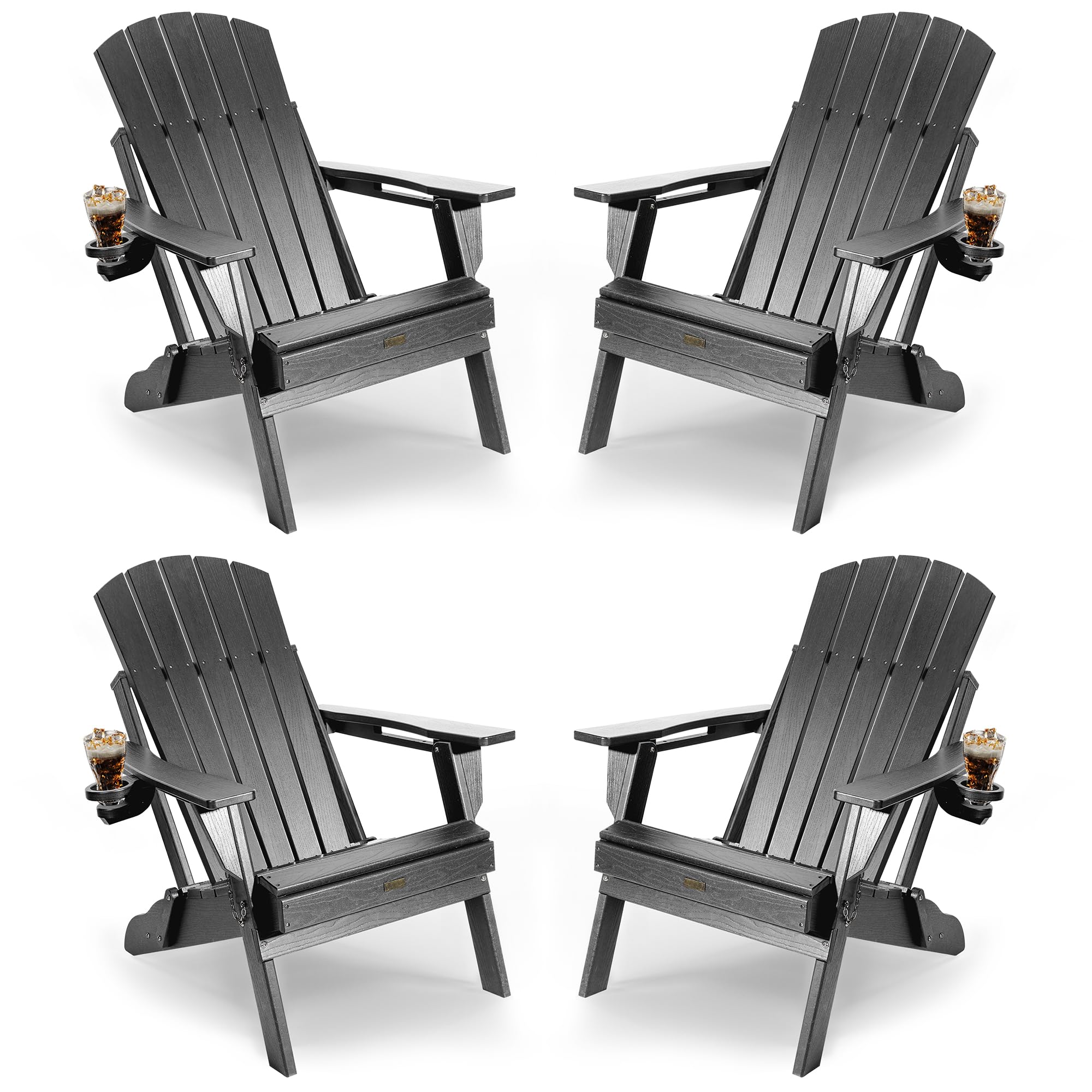 POWERWOOD Adirondack Chairs Set of 4, HDPE Folding Adirondack Chairs Wood Texture, Heavy Duty Higher Back All Weather Outdoor Chairs with Cup Holder, Plastic Fire Pit Chairs for Patio Garden (Grey)