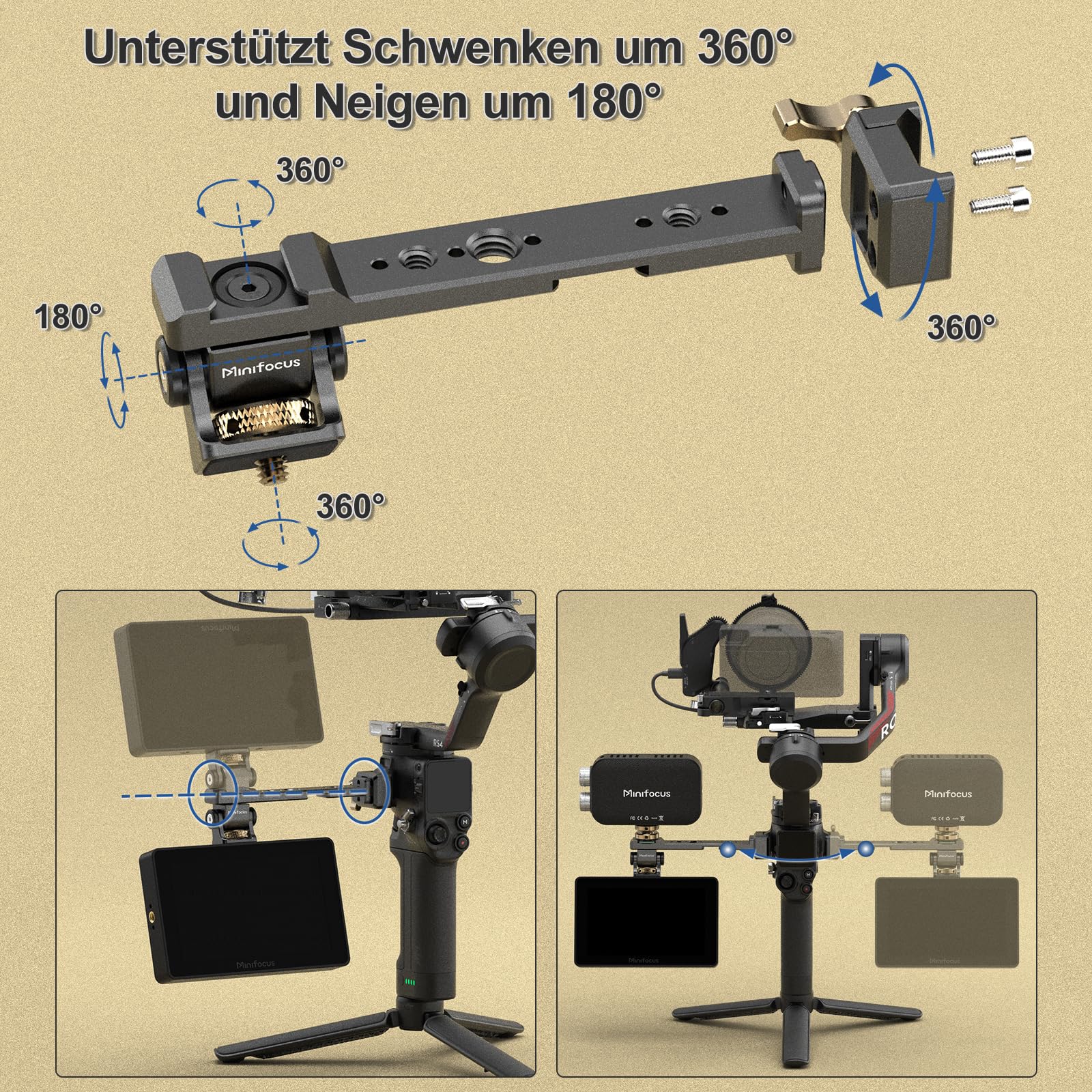 Verstellbare Kamera-Monitorhalterung mit NATO-Schnellverschluss, Cold Shoe Mount, 360° drehbare Field Gimbal Monitorhalterung für DJI RS 4 Mini/RS 4 / RS 4 Pro/RS 2 / RSC 2 / RS 3 / RS 3 Pro/RS 3 Mini