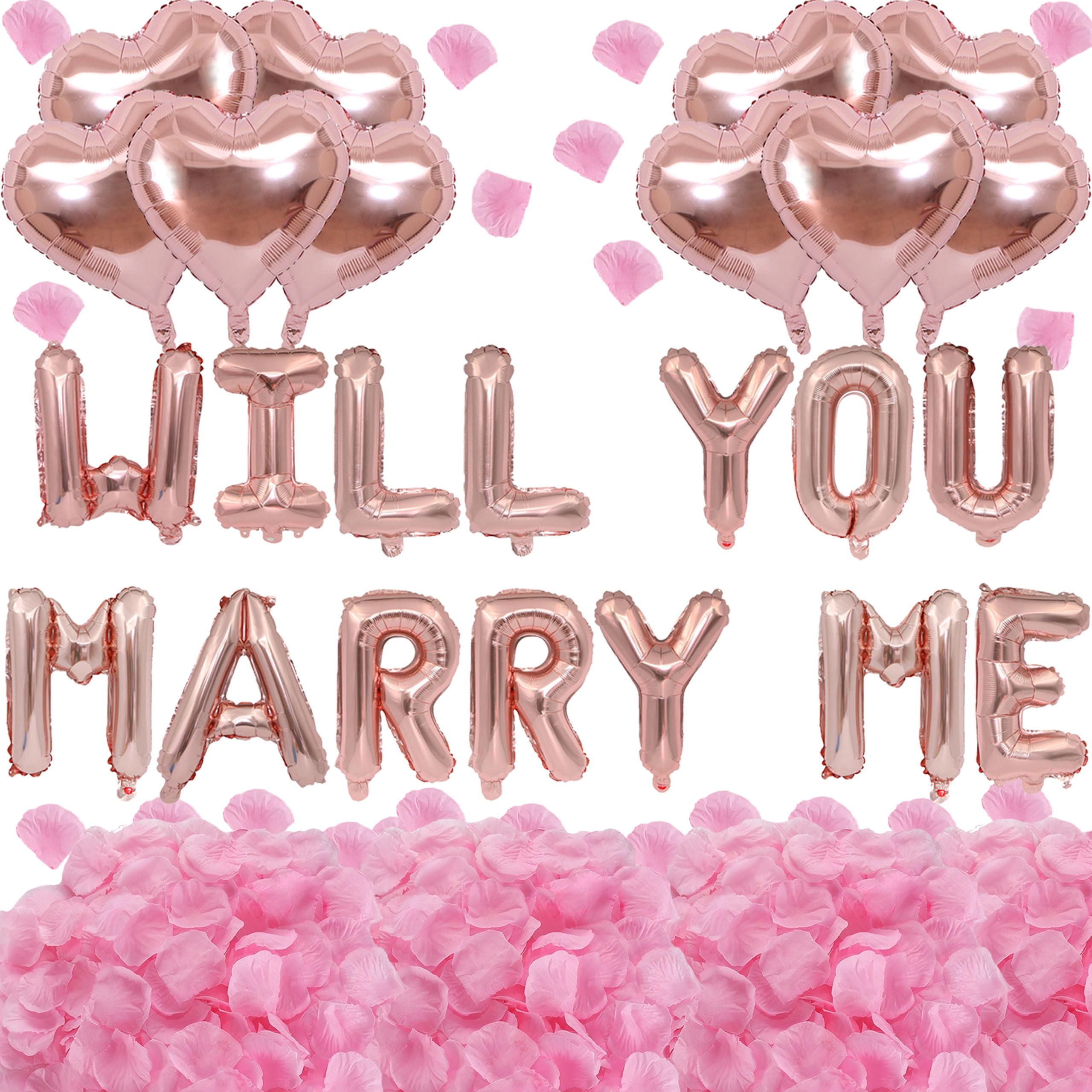2 Set Rose Gold WILL YOU MARRY ME Balloons - 28pcs 16" Letter Balloons 10pcs 18" Heart Balloons 1200pcs Rose Gold Artificial Rose Petals Alphabet Foil
