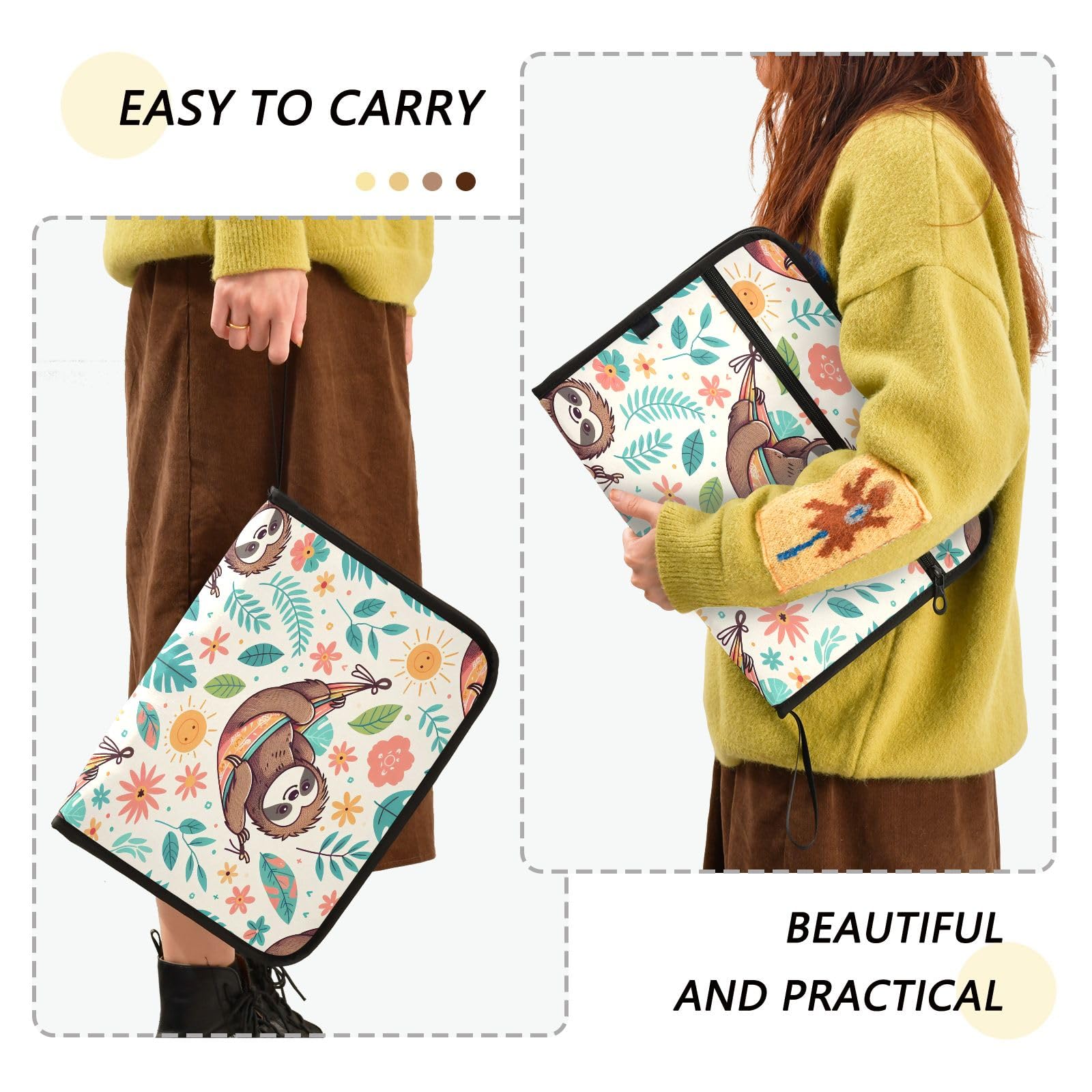 ZZKKO Cute Sloth Accordion File Folder – 13 Pockets, Zipper Closure, Holds A4 & Letter Size