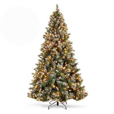 Best Choice Products Christmas Tree Pre-Lit, Pre-Decorated Artificial 12ft Frosted Pine Holiday Decoration w/Frosted Tips, Pine Cones, Berries