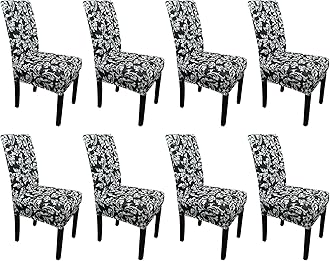Printed High-Back Chair Covers for Dining Room Chairs – Spandex Stretch, Universal Armless Chair Protective Slipcover for Kitchen, Wedding, Party, Banquet & Hotel, Floral Design - Black, Pack of 8