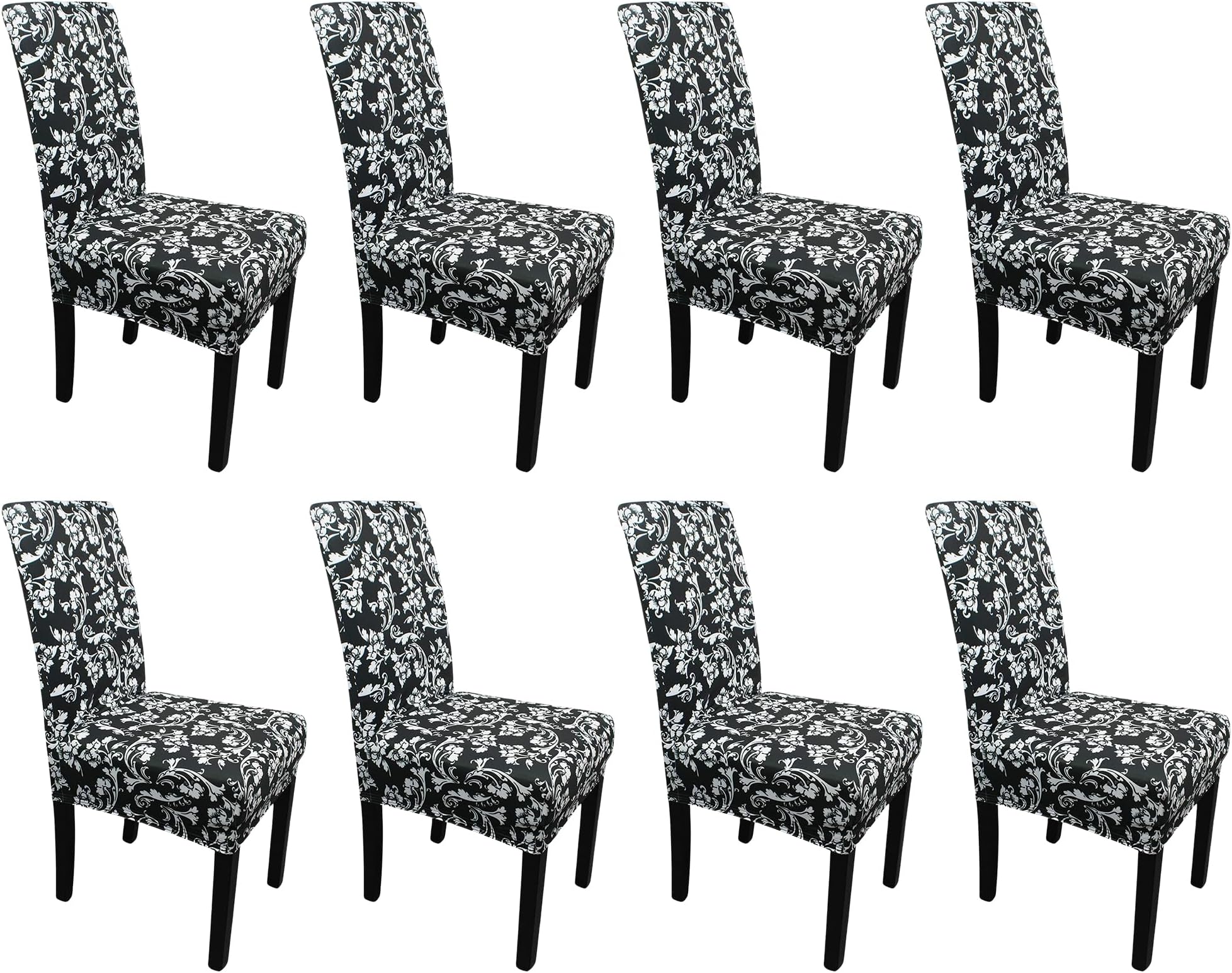 Printed High-Back Chair Covers for Dining Room Chairs – Spandex Stretch, Universal Armless Chair Protective Slipcover for Kitchen, Wedding, Party, Banquet & Hotel, Floral Design - Black, Pack of 8