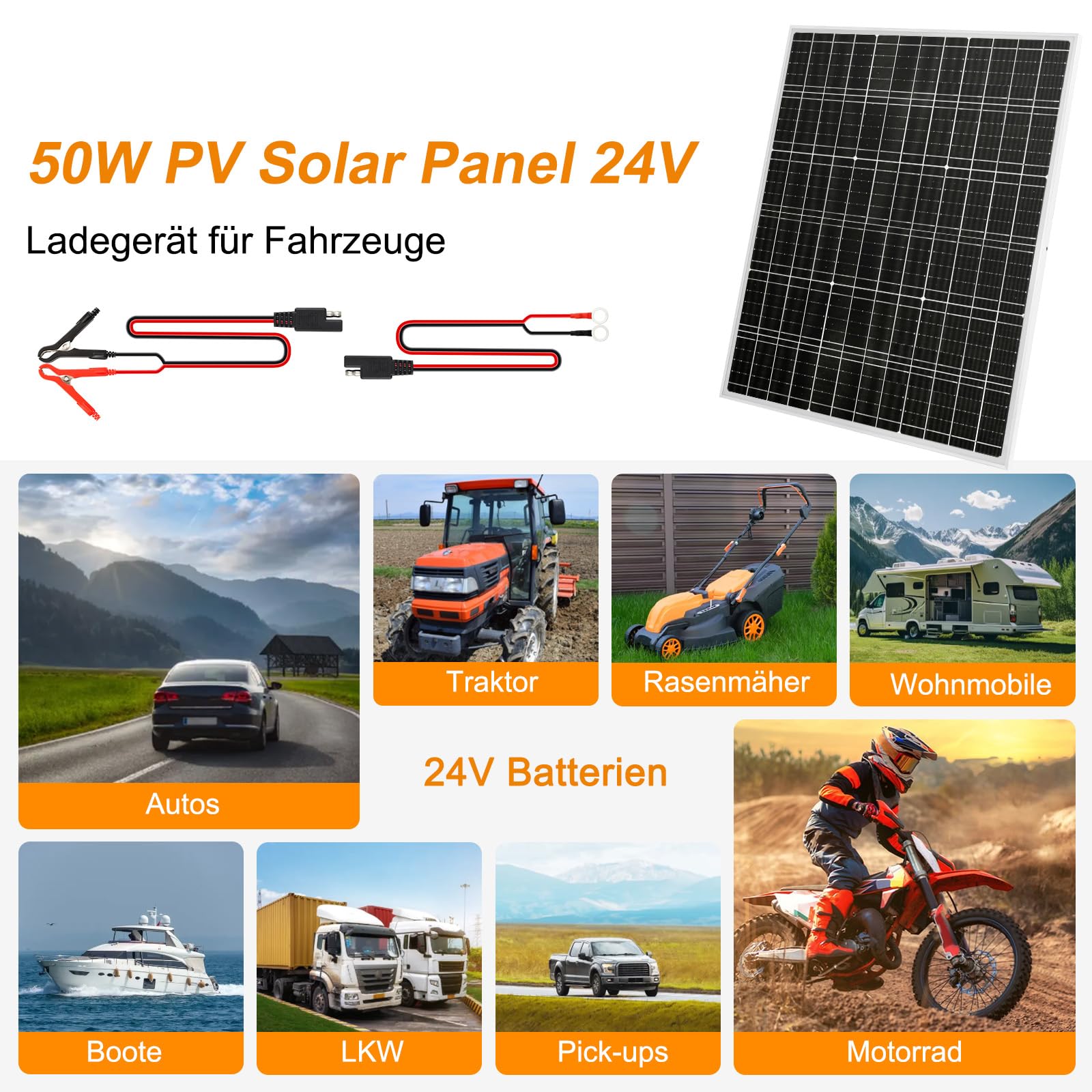 【50W 36V Panel Solar Kit】DERUXI Placa Solar 50 W Kit:Mono Cargador Solar 50W con Integrado Controlador de Carga PWM 6A+2 Pare de Cable SAE,PV Placas Solare Camper para Baterías GEL, AGM, LiFePO₄ 24V