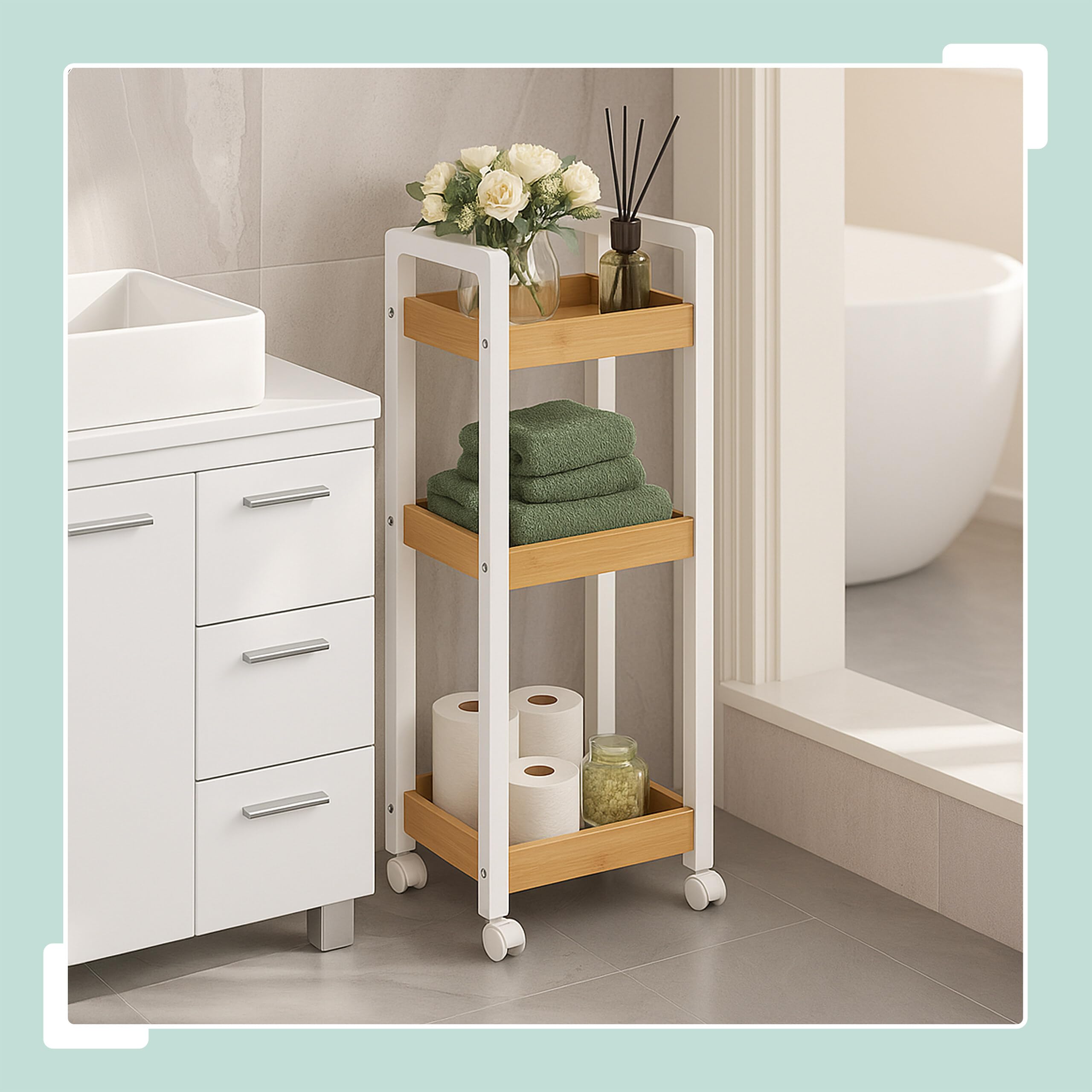 Carro Relaxdays, 3 estantes, bambú, HBT: 80 x 30 x 20 cm, baño y Cocina, Carro Estrecho, Natural/Blanco