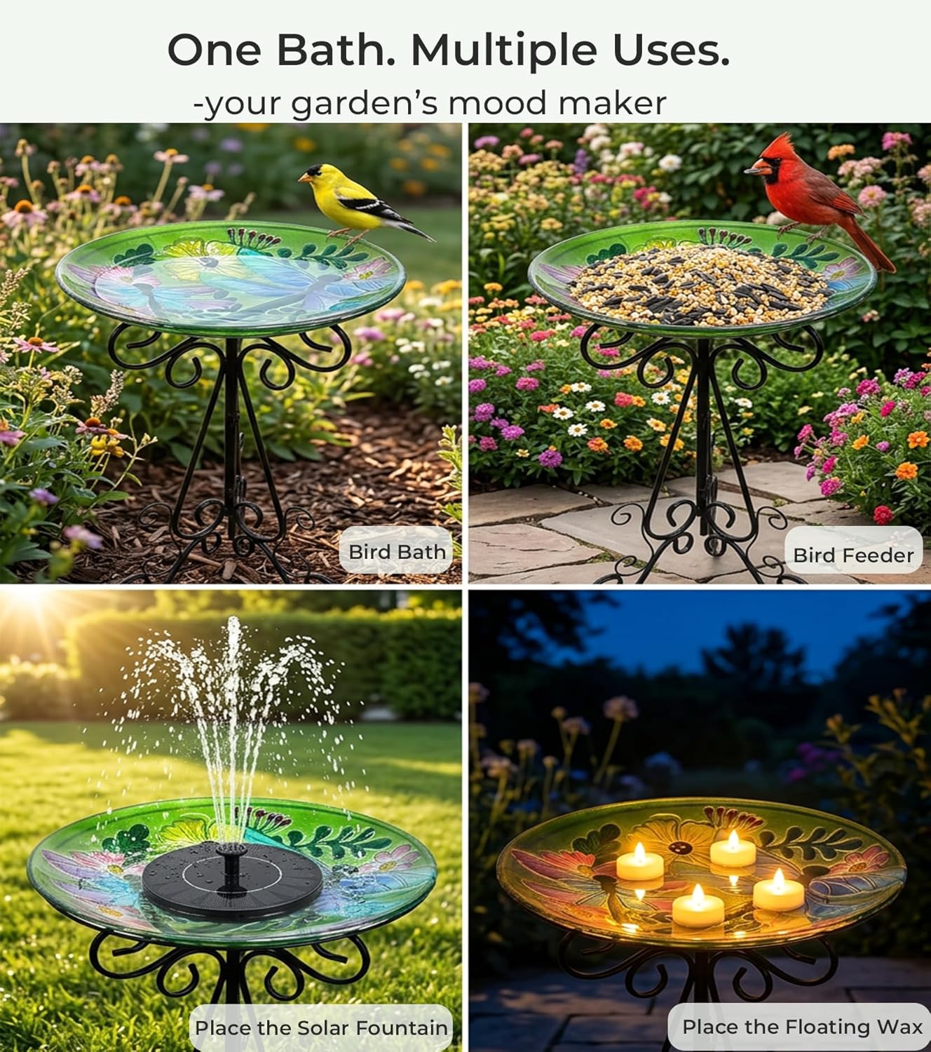 Large Bird Bath for Outside, Glass Bath Bowl with Metal Stand 28" H Standing Outdoor Birdbaths for Garden Yard Lawn Decor, Dragonfly-B