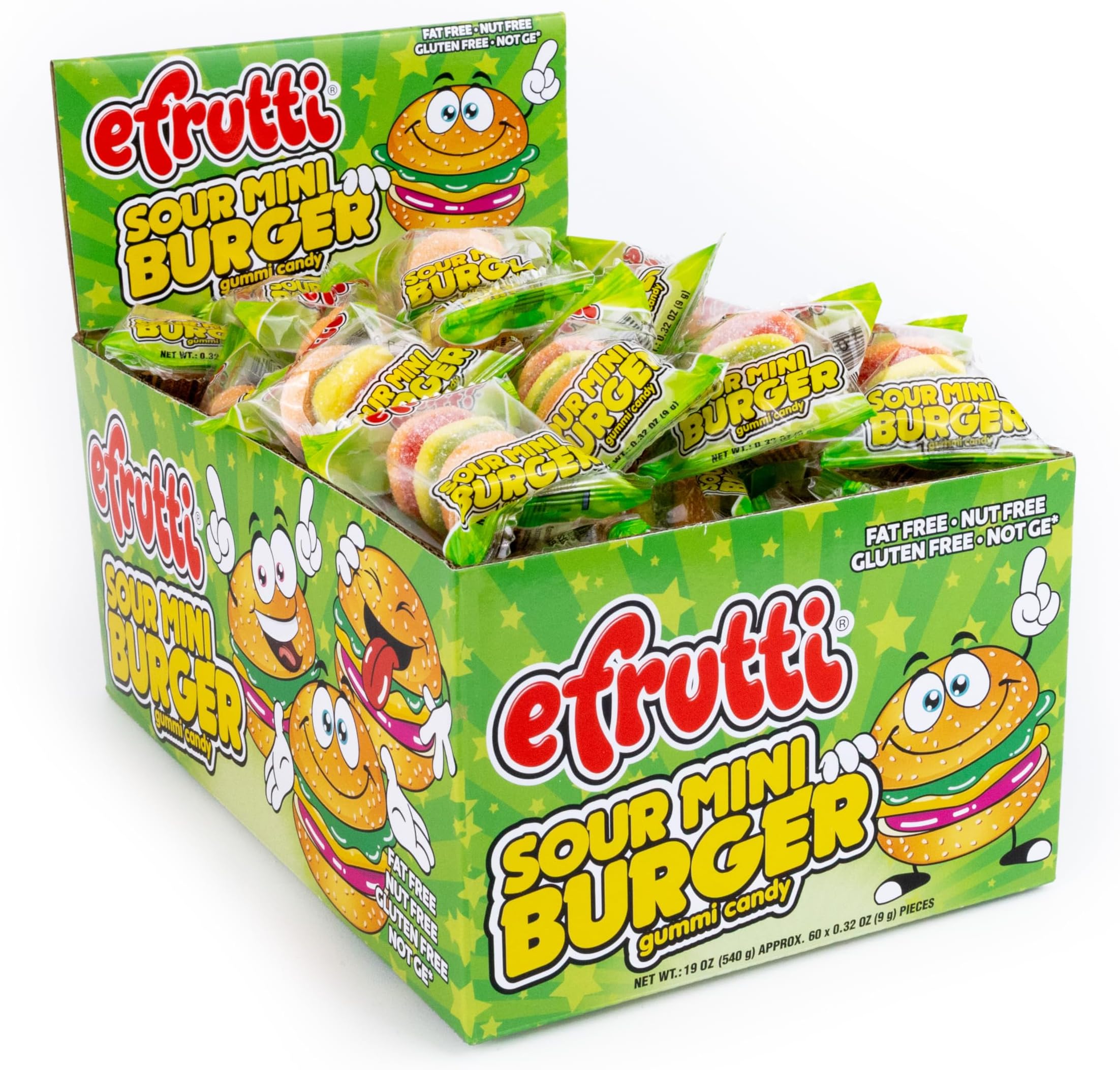 efrutti Sour Mini Burgers, Sour Gummy Candy, Individually Wrapped, 19 oz Box, 60 Count