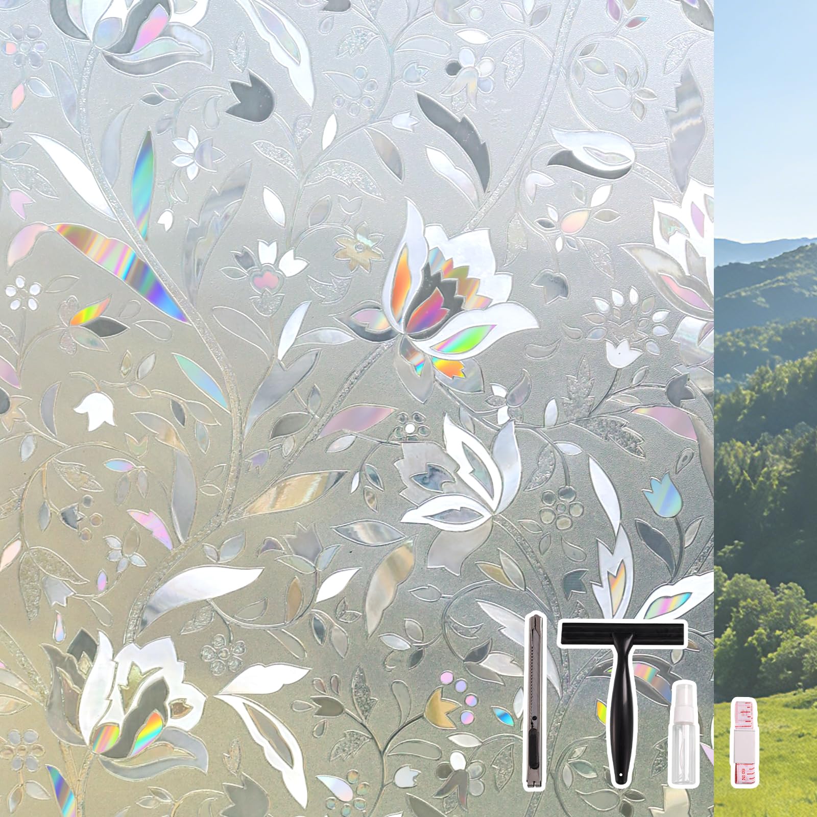 Donox Window Privacy Film, Frosted Stained Glass Pattern Decorative Window Films, Static Cling Sun Blocking & Glare Blocker Stickers for Home Heat