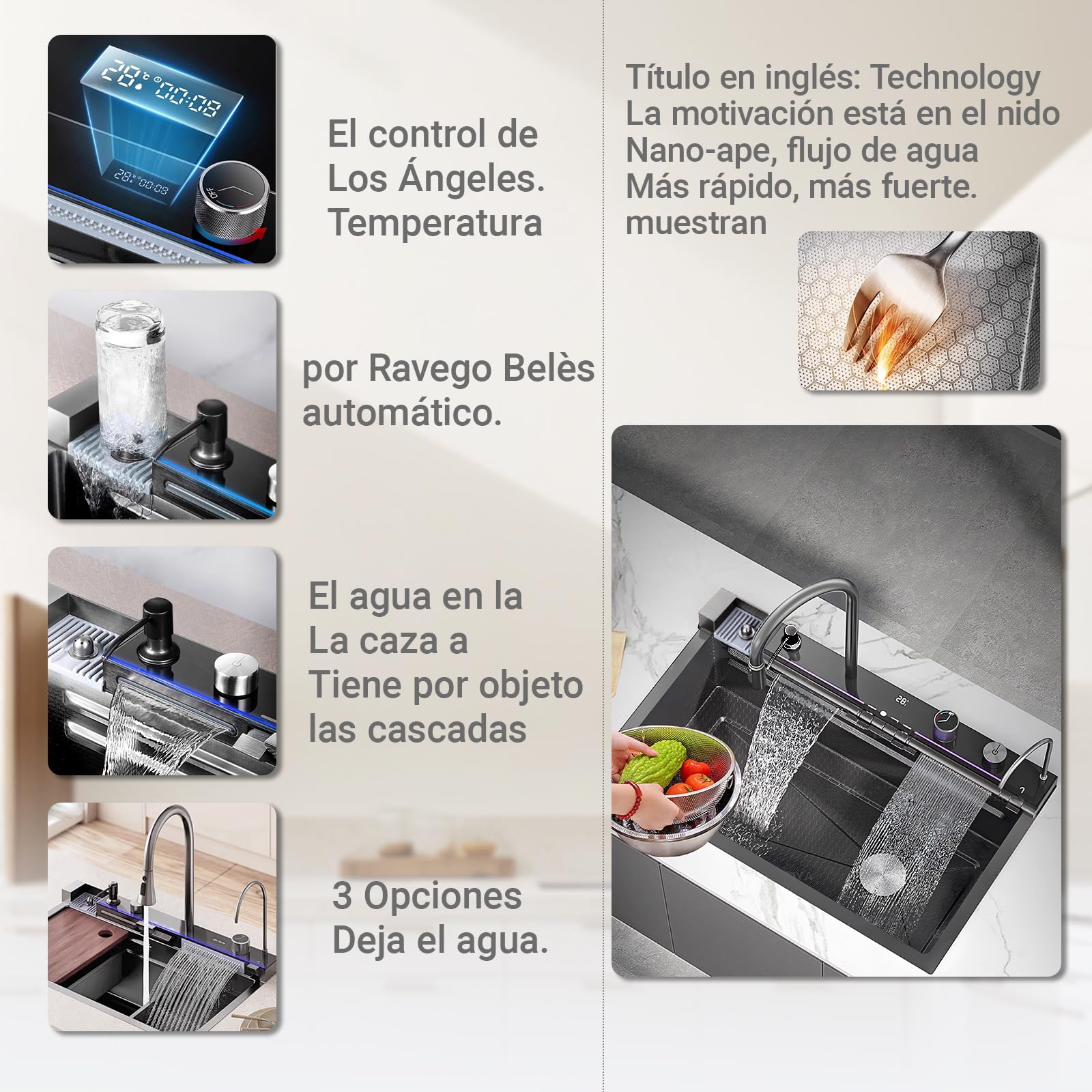 Fregadero Multifuncional 1 Seno, Negro Encimera Cocina, Fregadero Inteligente con Cascada Nano Revestimiento con Grifo ExtraíBle,Dispensador De JabóN, Arandela de Taza (68x45x22cm)