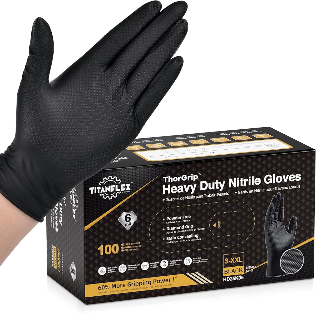 TitanFlex Thor Grip Black Nitrile Gloves 6 Mil Heavy Duty, Raised Diamond Texture Enhanced Grip, Latex Free & Powder Free for Mechanic Automotive Repair (Box of 100, X-Large)