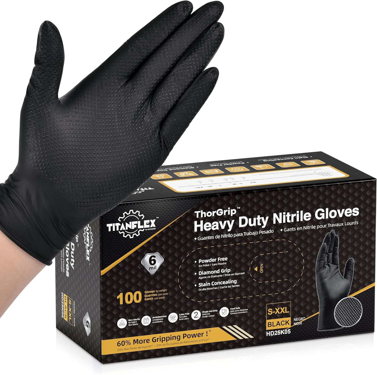 TitanFlex Heavy Duty Black Industrial Nitrile Gloves with Raised Diamond Texture, Latex Free (6mil/8mil)