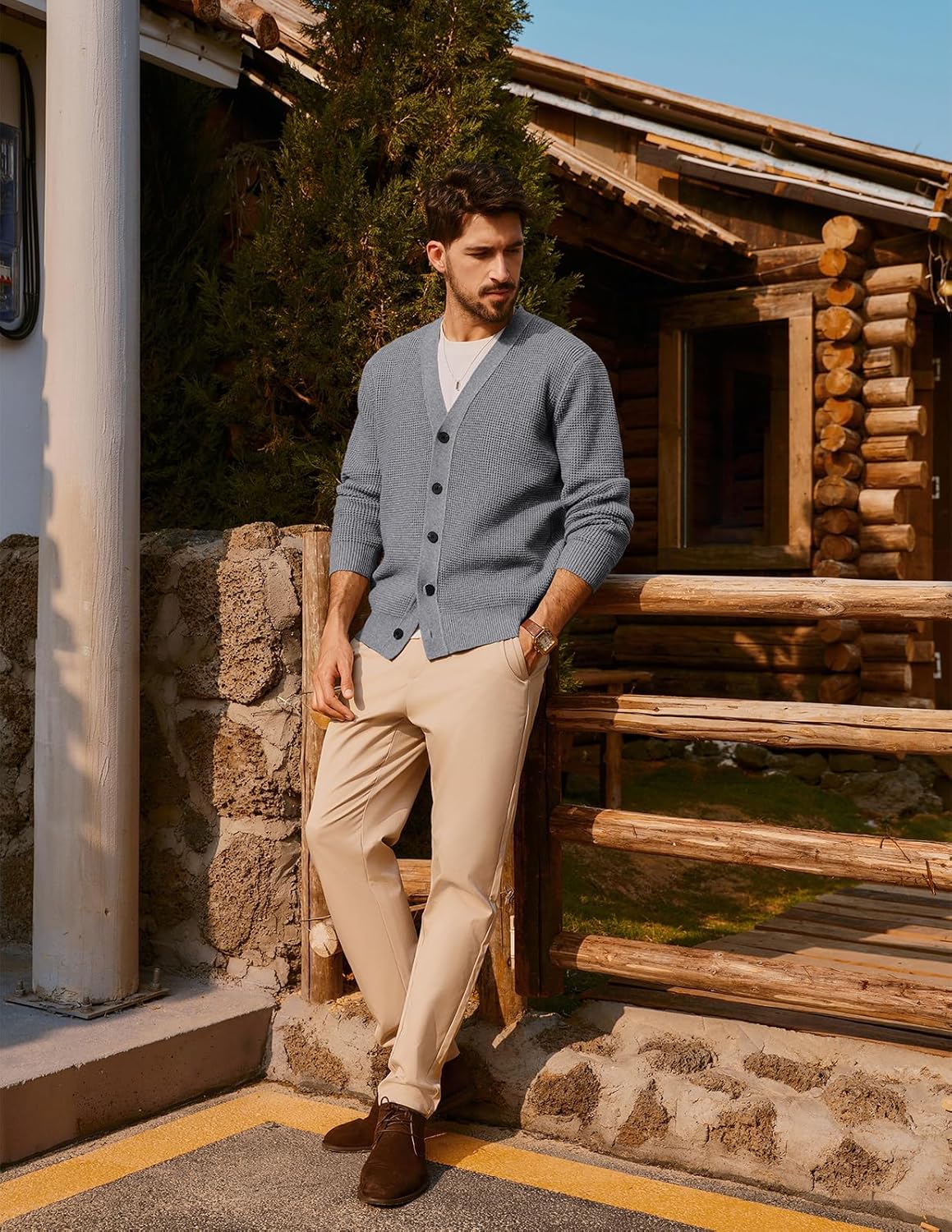 PJ PAUL JONES Mens Waffle Textured Cardigan Sweater Long Sleeve V-Neck Knitted Sweaters - Image 5