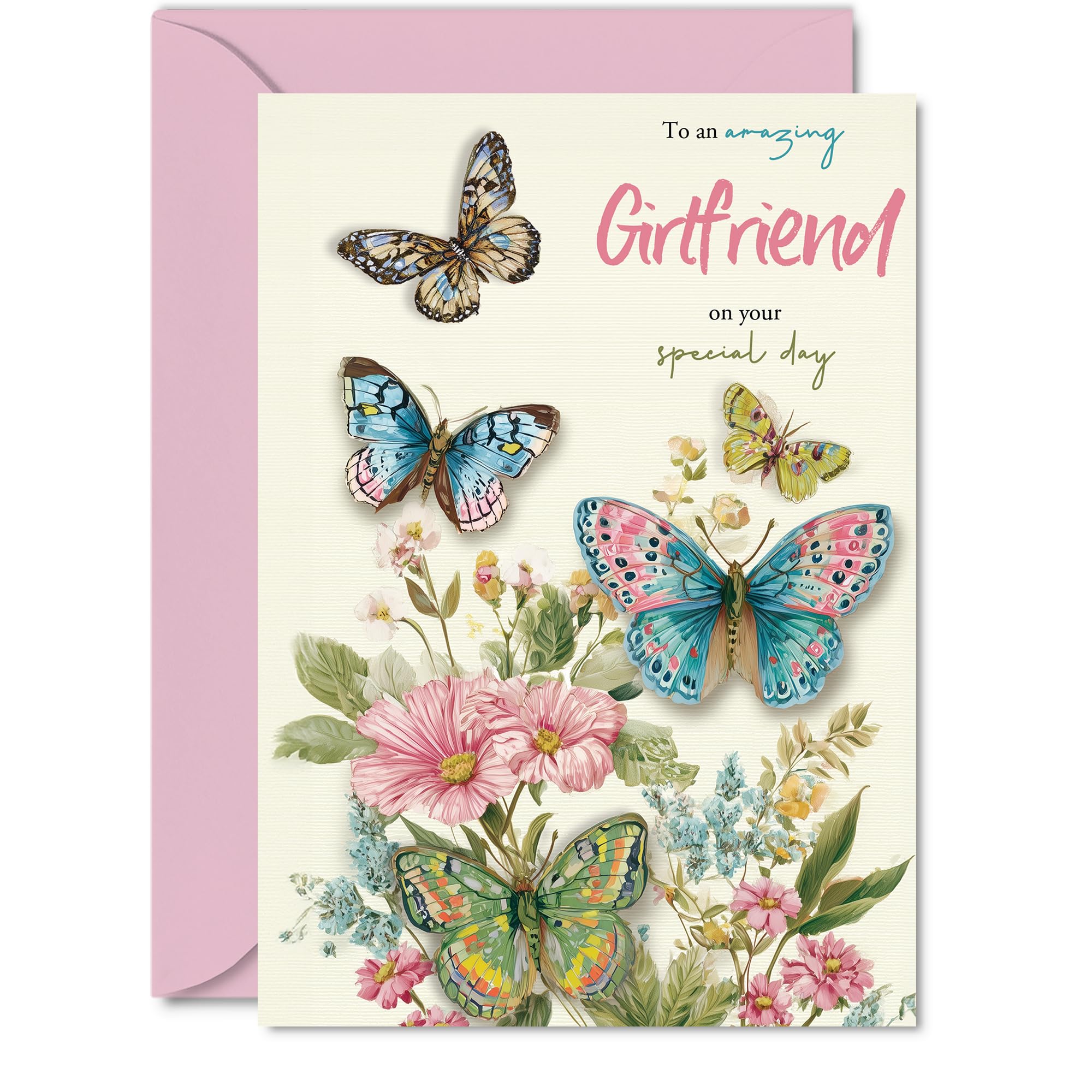 Romantic Birthday Card for Girlfriend - Bursting with Butterflies and Blooms - Vibrant Floral Design in Pinks and Blues - 5x7 Inch, Envelope Included