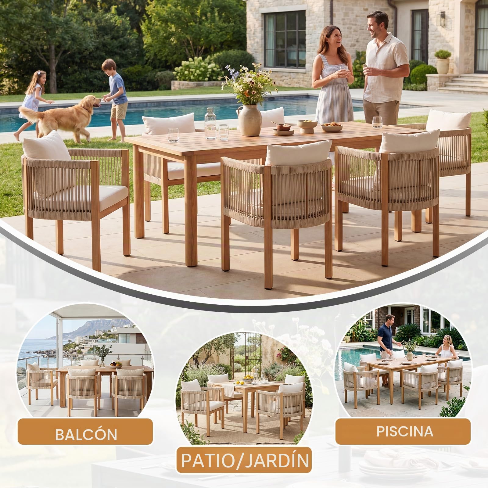 Ya-Home Juego de 2 Sillas Jardín Exterior con Brazos,Beige | Nórdico, Impermeable, Respaldo PE Trenzado, Estructura Metálica Acabado Madera, Cremalleras, para Terraza/Jardín/Interior