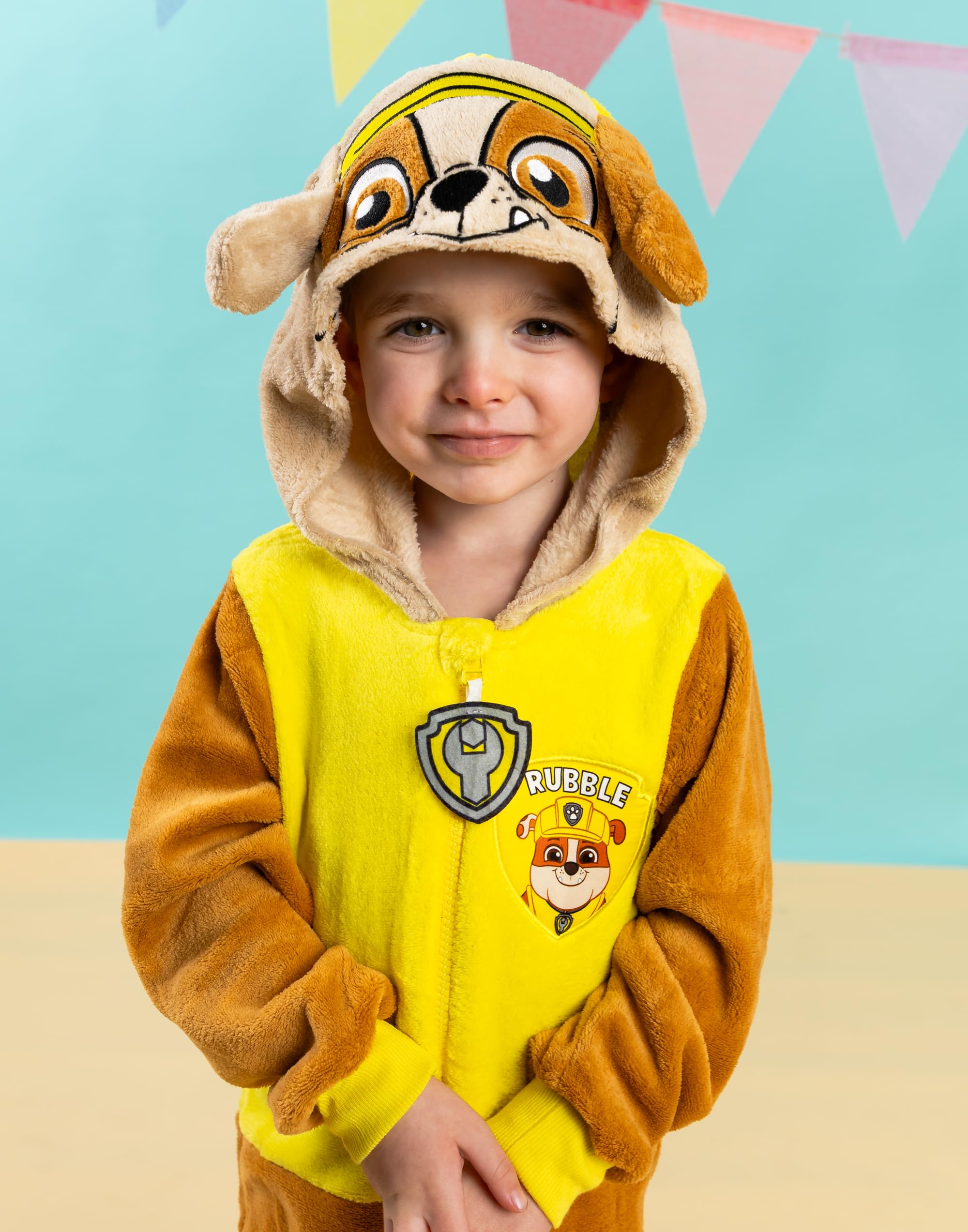 Paw Patrol Rubble Grenouillère pour Garçons & Filles | Pyjama Tout-en-Un pour Enfants en Marron & Jaune | Combinaison de Nuit Unisexe avec Capuche Brodée et Oreilles 3D