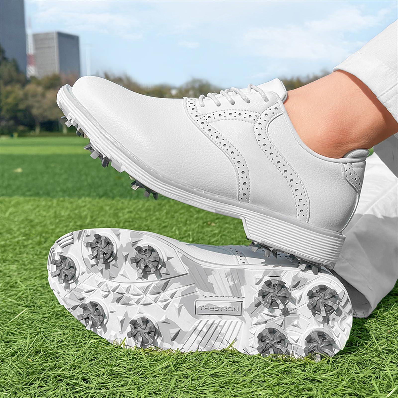 Scarpe da Golf Spikes da Donna Impermeabili da Lavoro da Golf in Pelle con Lacci Antiscivolo