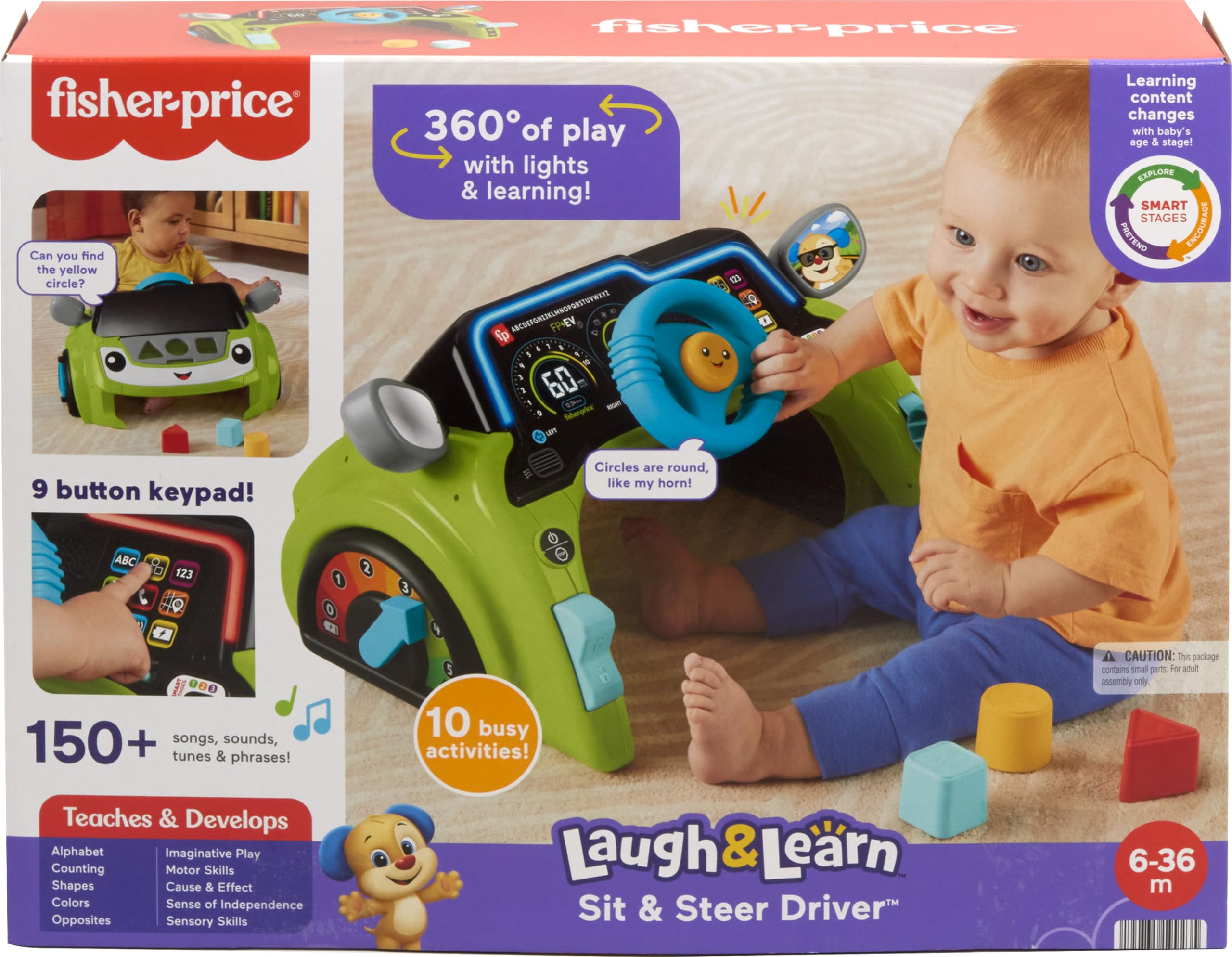 Fisher-Price Baby & Toddler Learning Toy Laugh & Learn Sit & Steer Driver Centro attività auto con fasi intelligenti per bambini dai 6 mesi in su