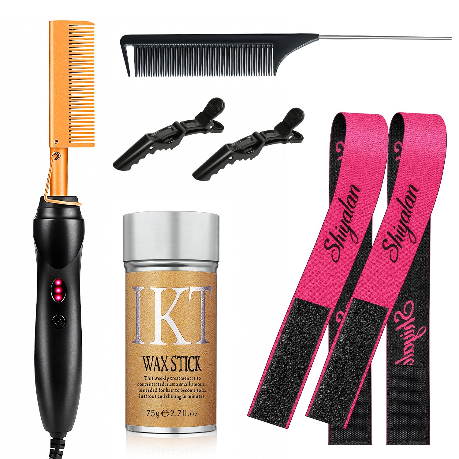 Hot Comb Set 7Pcs, Electric Hair Straightener Pressing Comb for Black Hair, Hot Comb Set with Wig Wax Stick, Lace Band, Rat Tail Comb ＆Salon Clips