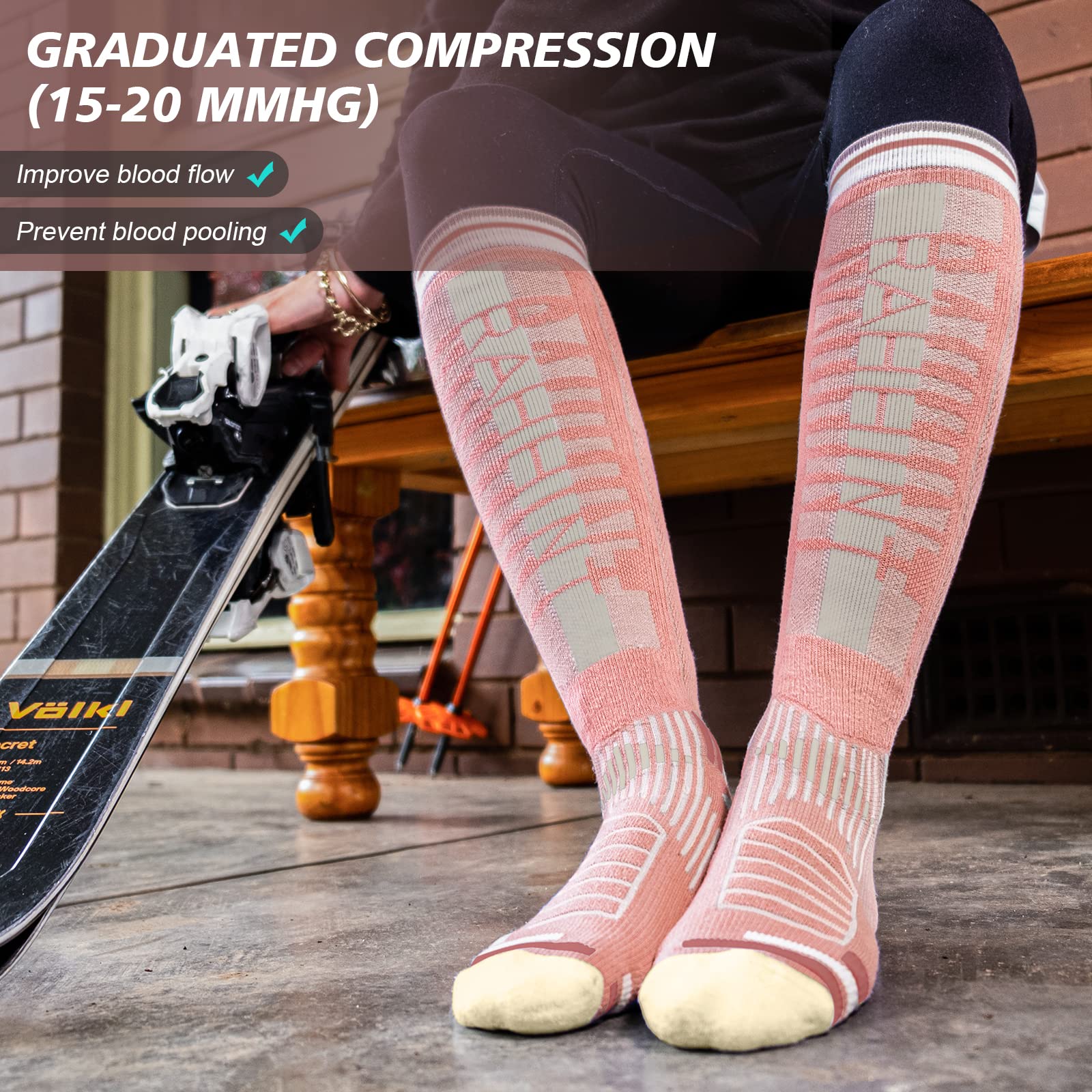 2 Paia Di Calze Sci in Lana Merino Per Uomo, Donna E Ragazzo, Calze Da Sci Snowboard a Compressione, Calze Termiche Sci Alte E Spesse Per Il Freddo, Traspiranti, Ad Asciugatura Rapida, Taglia 35-51