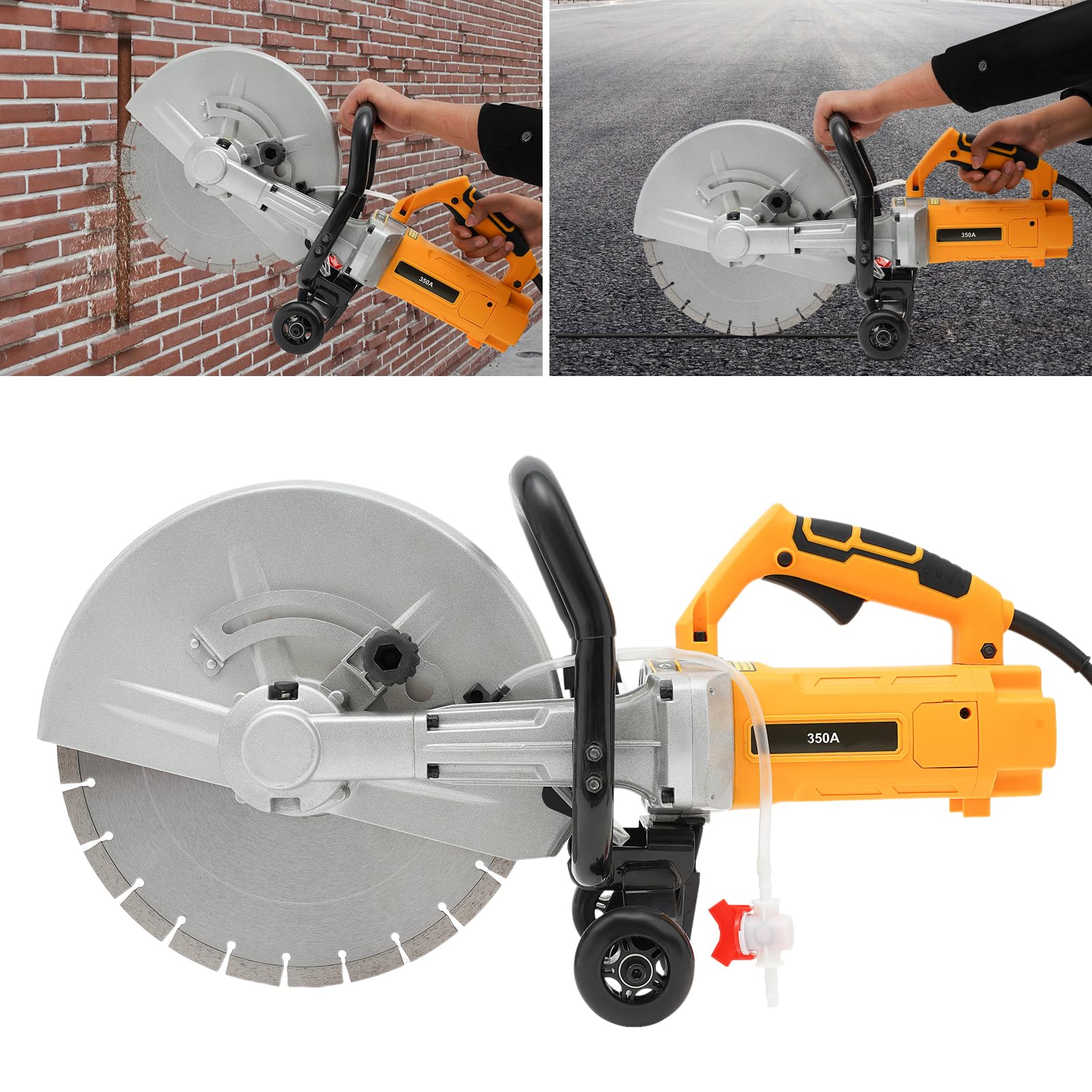 Sierra de hormigón eléctrica de 3000 W, 4200 rpm, 7 N.m, 350 mm, hoja de sierra para hormigón, cortador de hormigón con 2 ruedas, tubo de agua y bomba de agua para madera, barras de acero