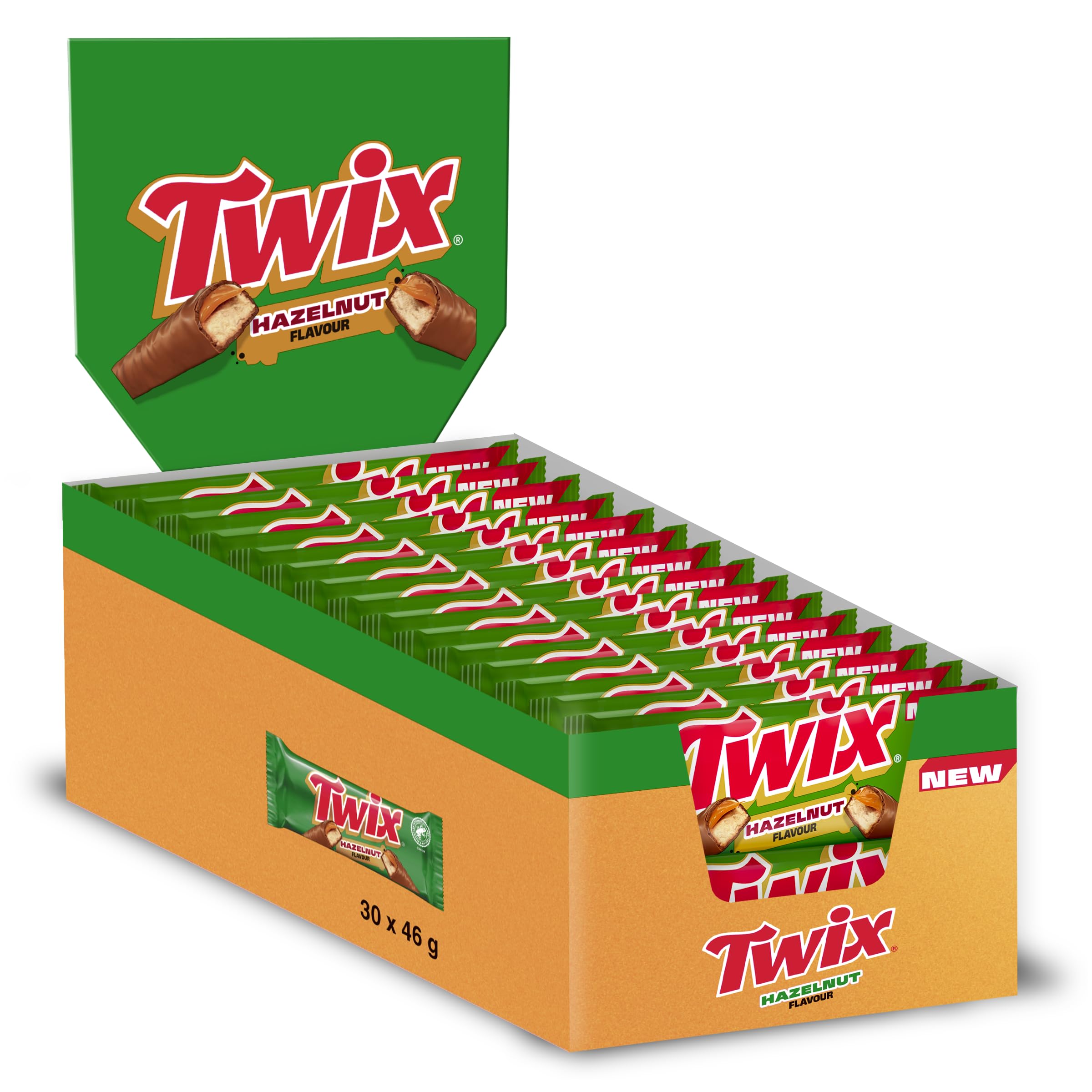 Twix Hazelnut Milk Chocolate Bar Bulk Box, 30 x 46g, Individually Wrapped Biscuit Fingers with Hazelnut Caramel, Ideal for Office Treats & Snacks, On-the-Go Chocolate, Coffee Breaks & Hamper Fillers