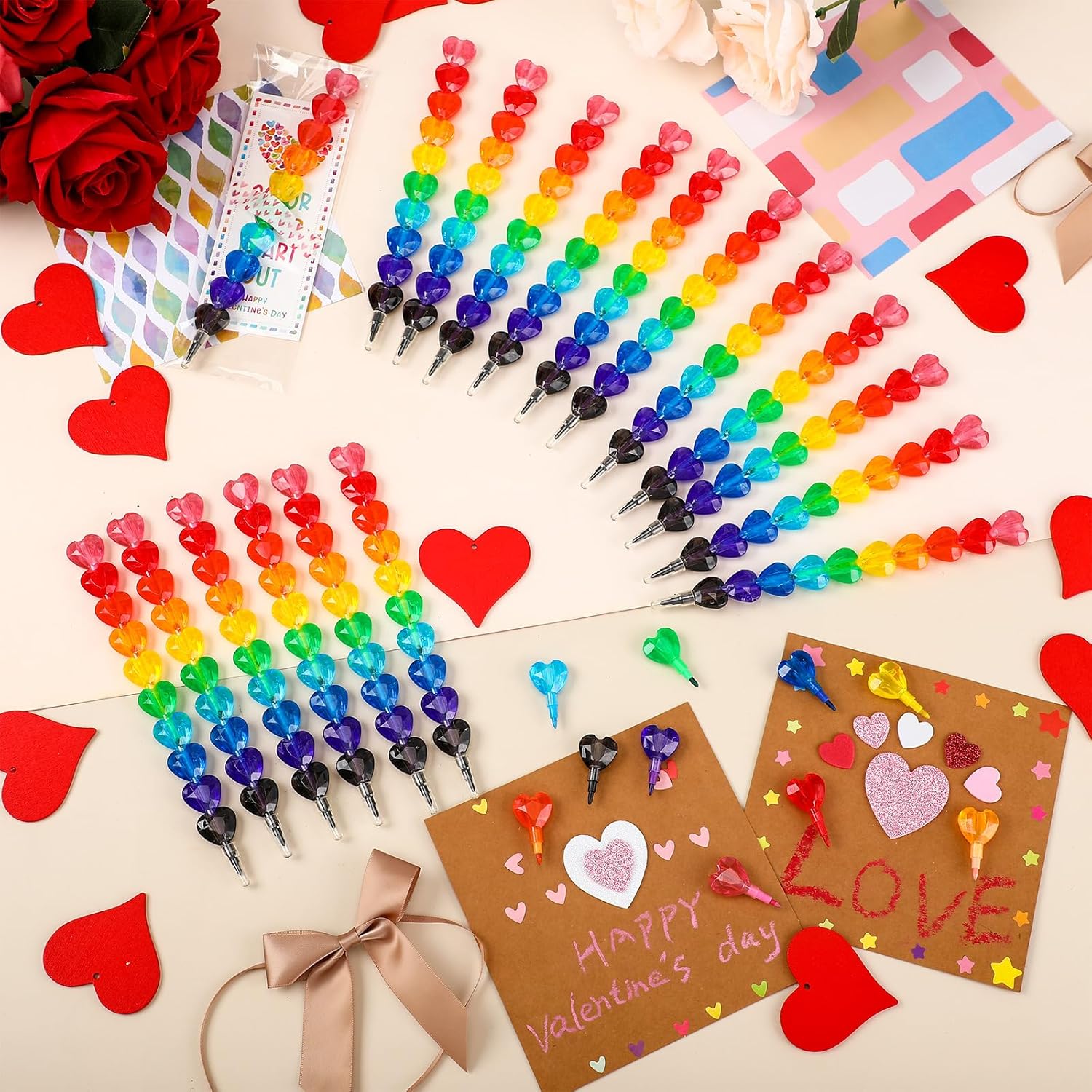 Sayglossy 50 Set Valentine's Day Gift Bulk Heart Stacking Crayons Colorful Stackable Buildable Crayons with Valentines Card Sticker Valentine Party Exchange Gift for Party Supplies