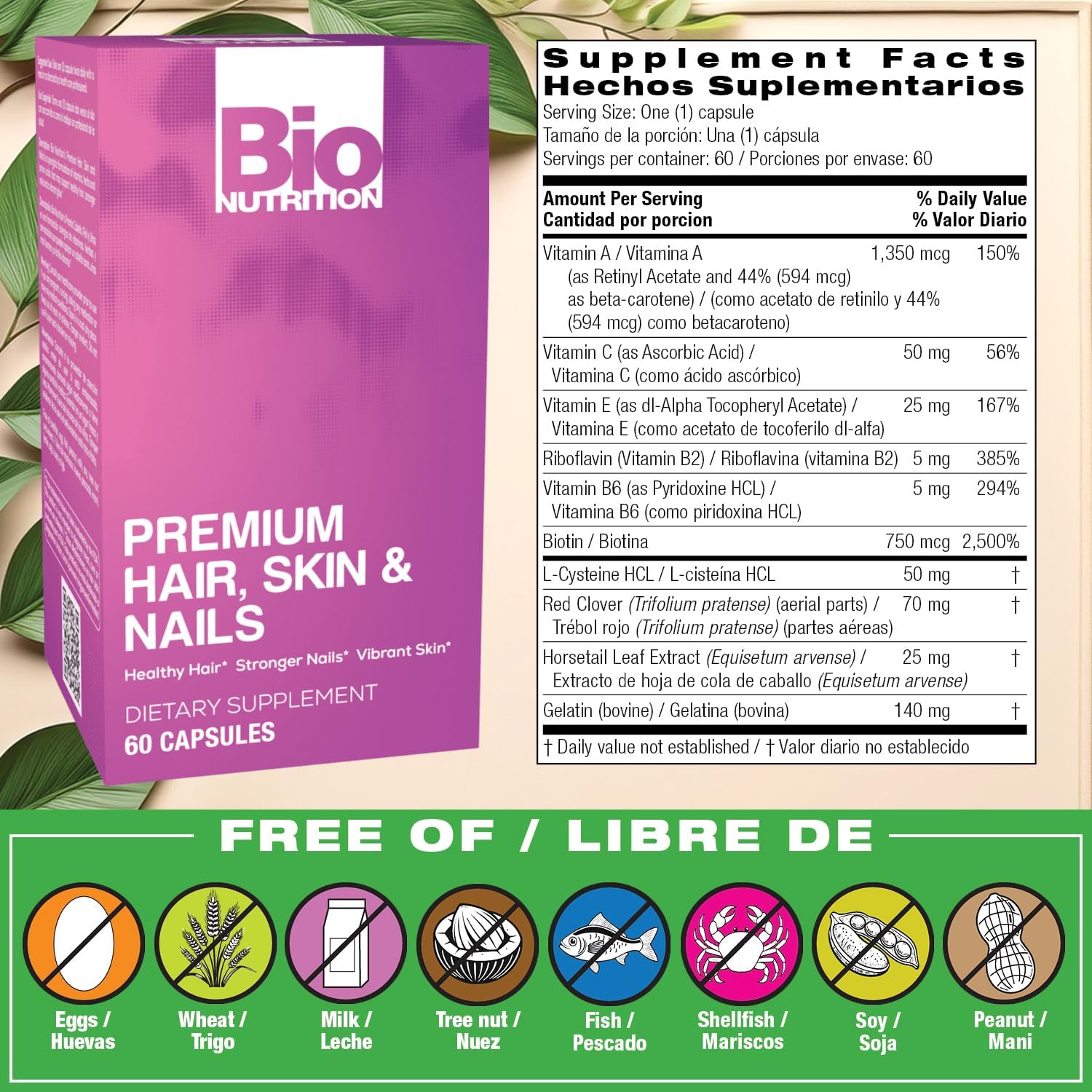 Bio Nutrition Premium Hair, Skin & Nails, 60 Capsules - Image 2