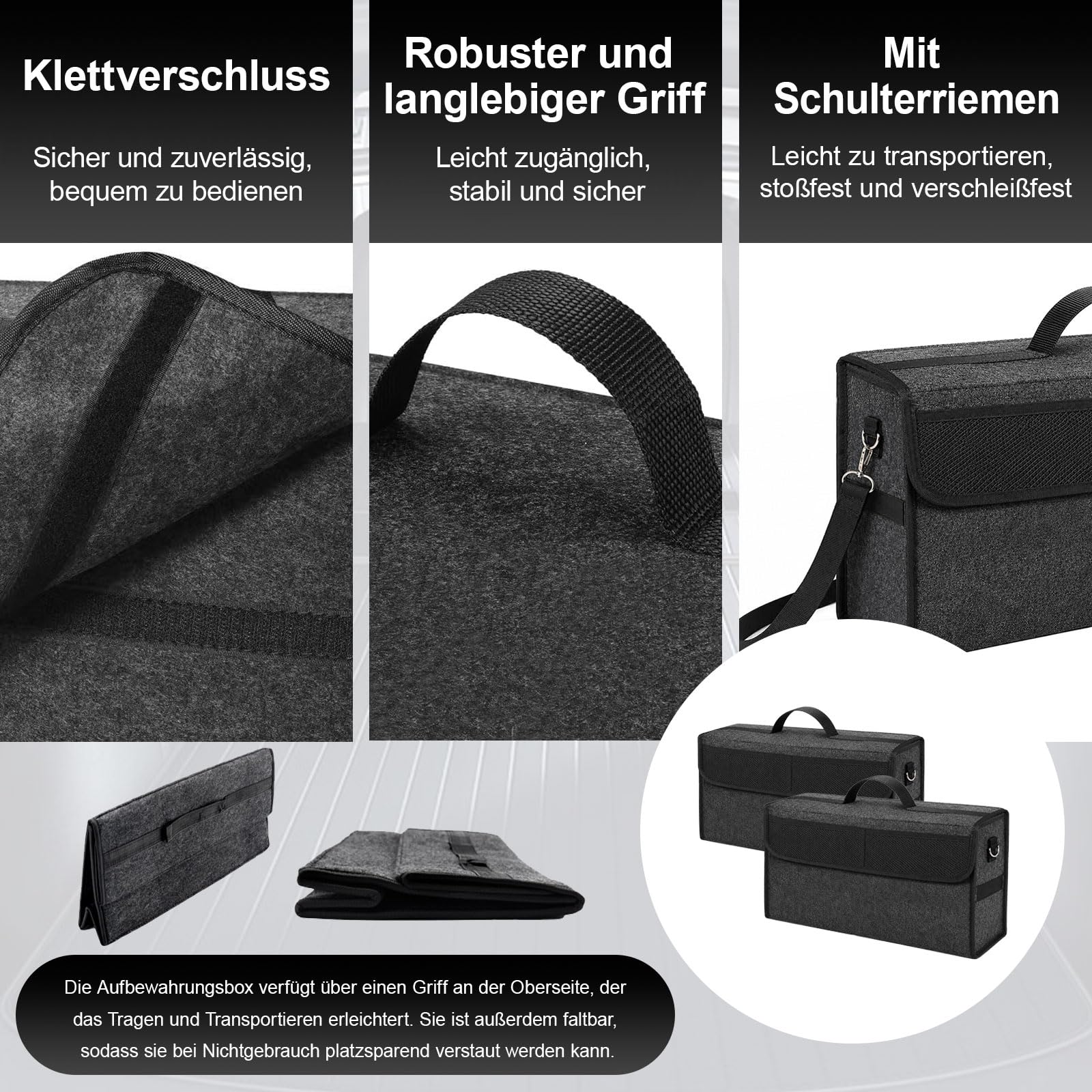 2 Stück Auto Organizer Toolbag, 45 x 15 x 24 cm Kofferraumtasche Toolbag, Kofferraum Organizer aus Filz mit Tragegriff und verstellbare Schulterriemen, Auto Kofferraumtasche für alle Fahrzeuge