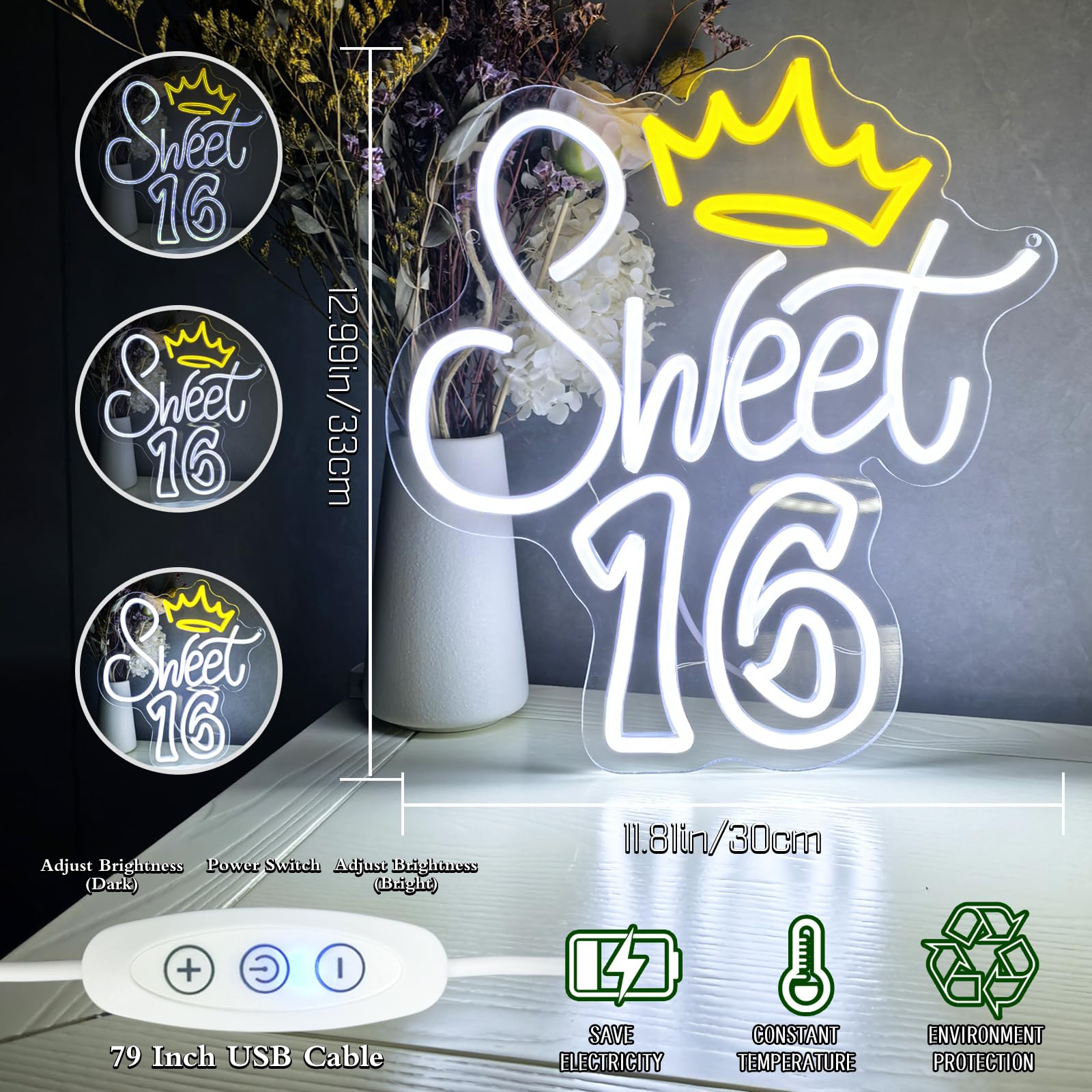 Sweet Sixteen neonowe znaki LED, słodkie, 16 neonowych świateł, do dekoracji ścian, podświetlany znak na 16. urodziny, przyjęcie, słodki, 16 diod LED, do sypialni, dekoracja, prezent, 5 V, biały