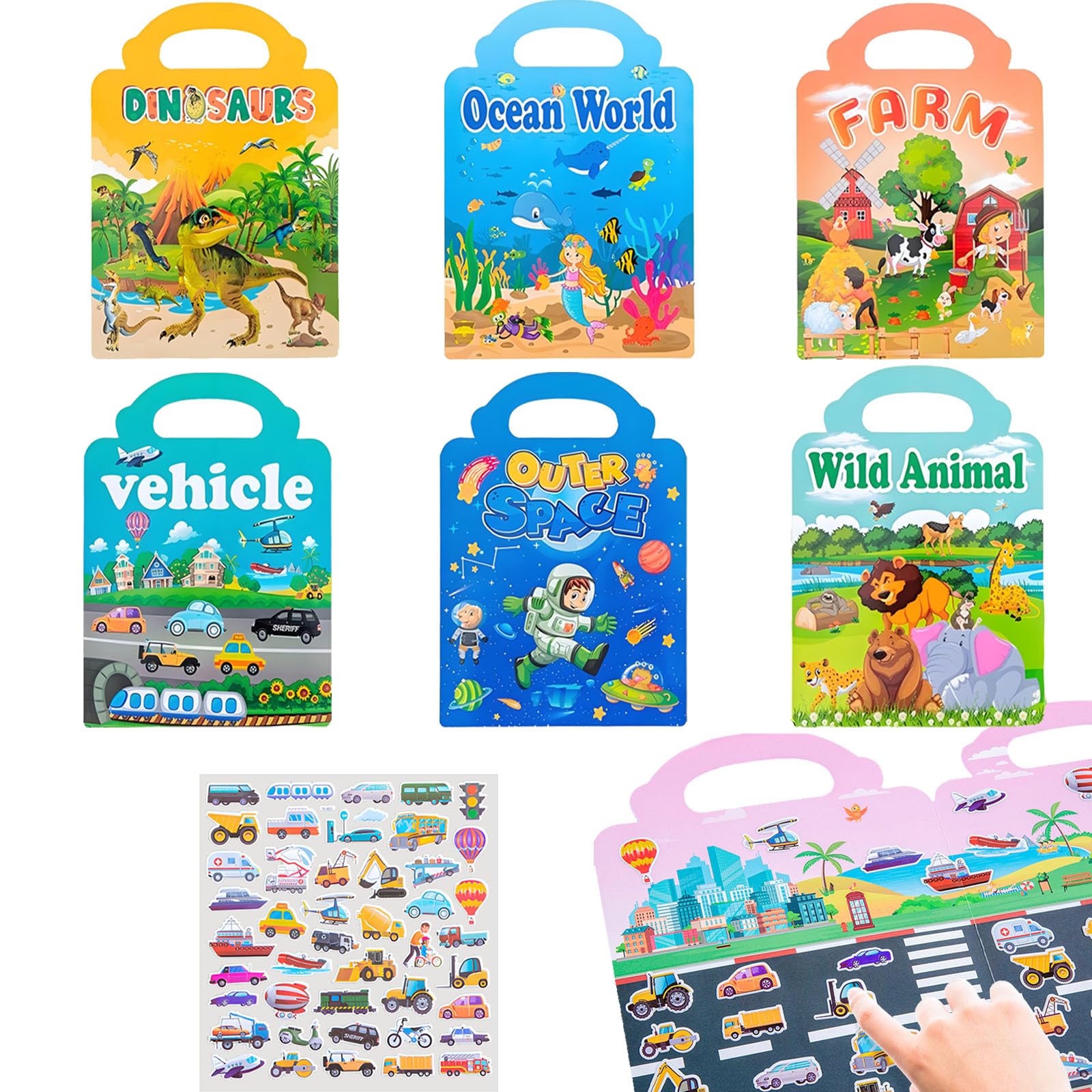 6 Pcs Reusable Sticker Book for 2+ Year Olds, Stickers for Children, Toddler Sticker Books 1-2 Years, 300+3D Puffy Stickers Include Animals, Vehicles, Dinosaurs, Farm, Outer Space, Sea Creatures