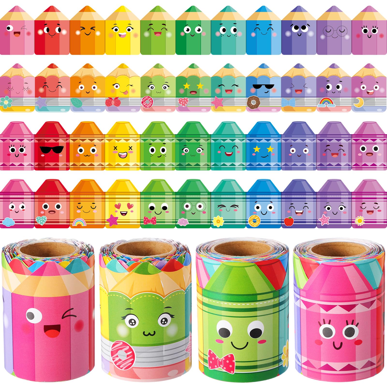 Yexiya 4 Rolls 131 ft Crayon Bulletin Board Borders Colored Pencil Bulletin Board Decorations Colorful Scalloped Trim for Preschool Homeschool
