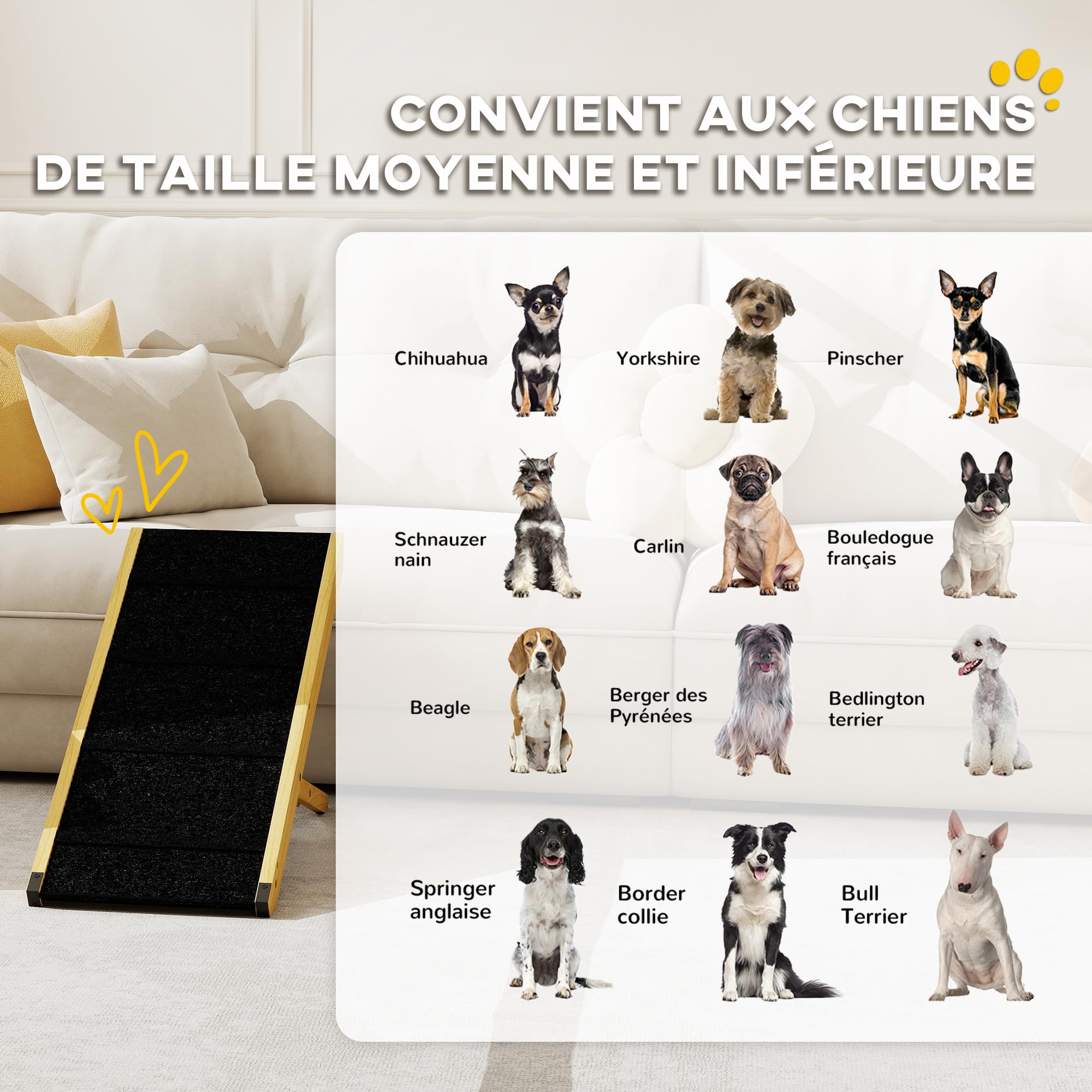 PawHut Rampe Pliable pour Chiens en Bois avec Hauteur Réglable 4 Niveaux, Surface Antidérapante, 83,5 x 35 x 47,5 cm