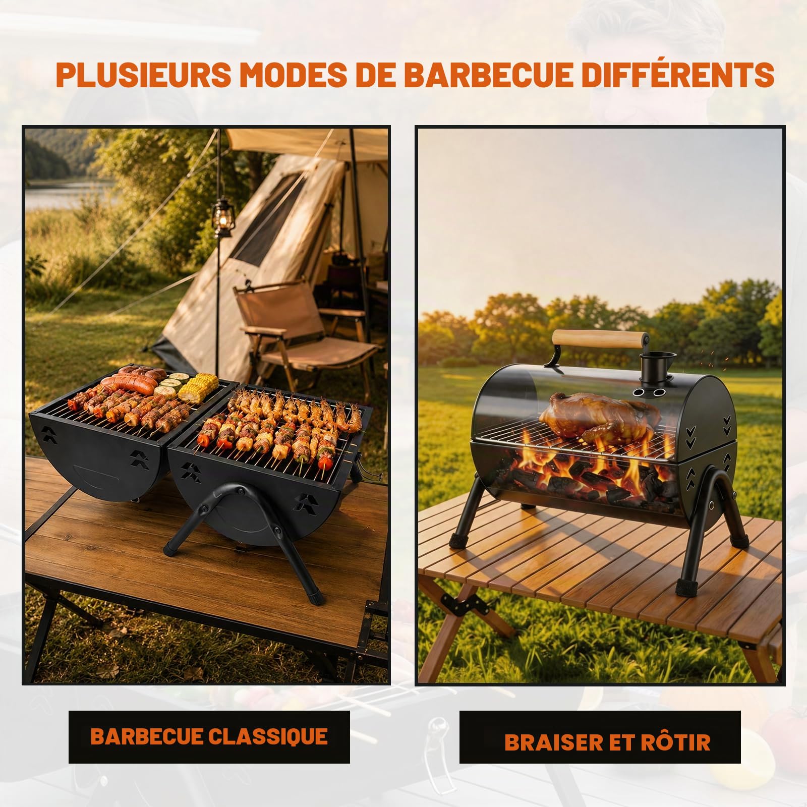 Barbecue charbon de bois portable, fumoir double face avec cheminée, brasero extérieur, 2 grilles et 2 plateaux à charbon, poignée en bois, pour 3-5 personnes, jardin et réunions
