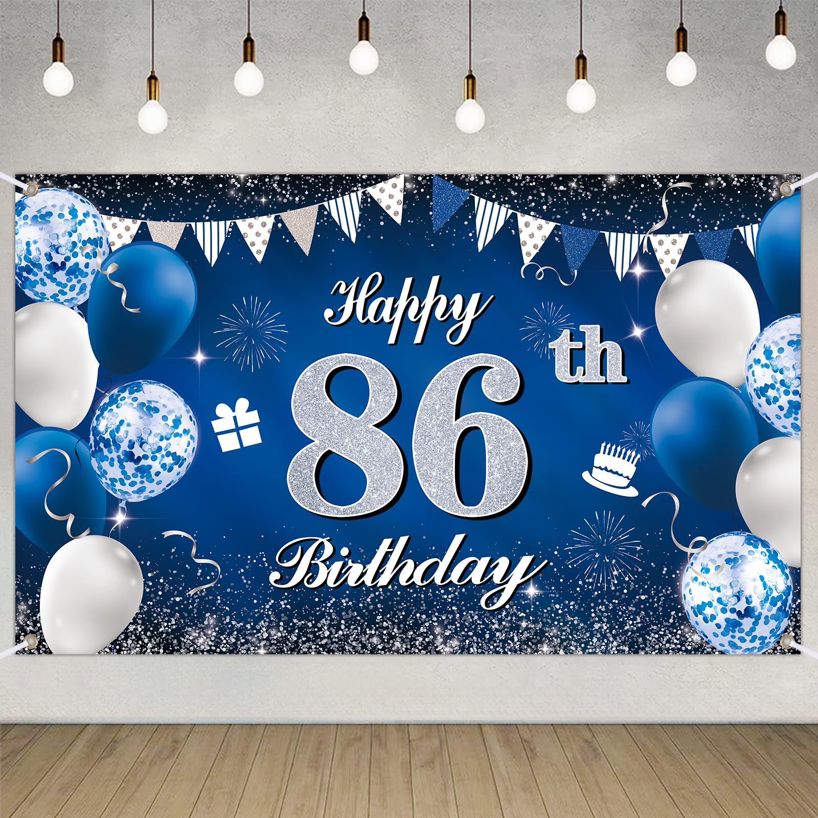 Happy 86th Birthday Decorations Blue Birthday Banner for Party Backdrop for Men Women Party Decoration Supplies