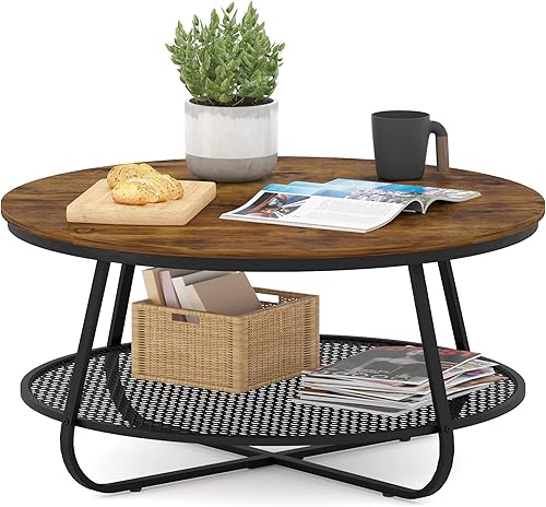 Teraves Mesa de centro redonda, mesa de centro circular industrial de 2 niveles de 35.8 pulgadas para sala de estar, mesa de centro redonda con