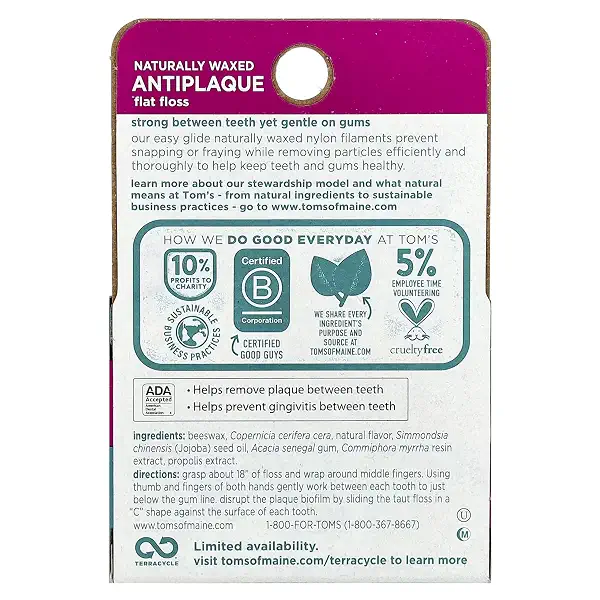 Tom's of Maine Naturally Waxed Antiplaque Flat Dental Floss, Spearmint, 32 Yards 8